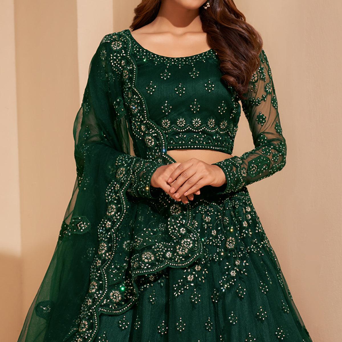 Bottle Green Wedding Wear Embroidered With Embellished Net Lehenga Choli - Peachmode