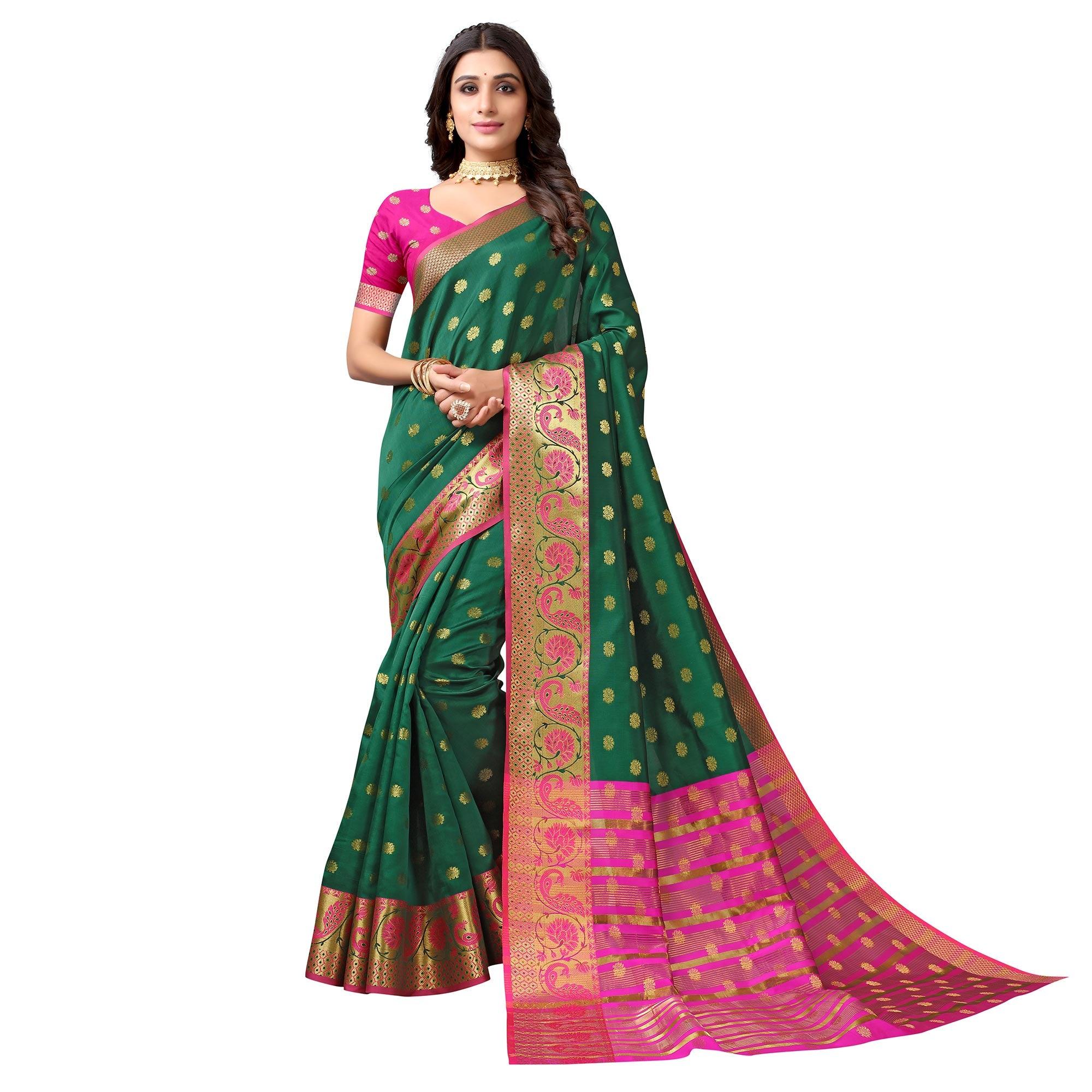 Bottle Green Woven Art Silk Saree - Peachmode