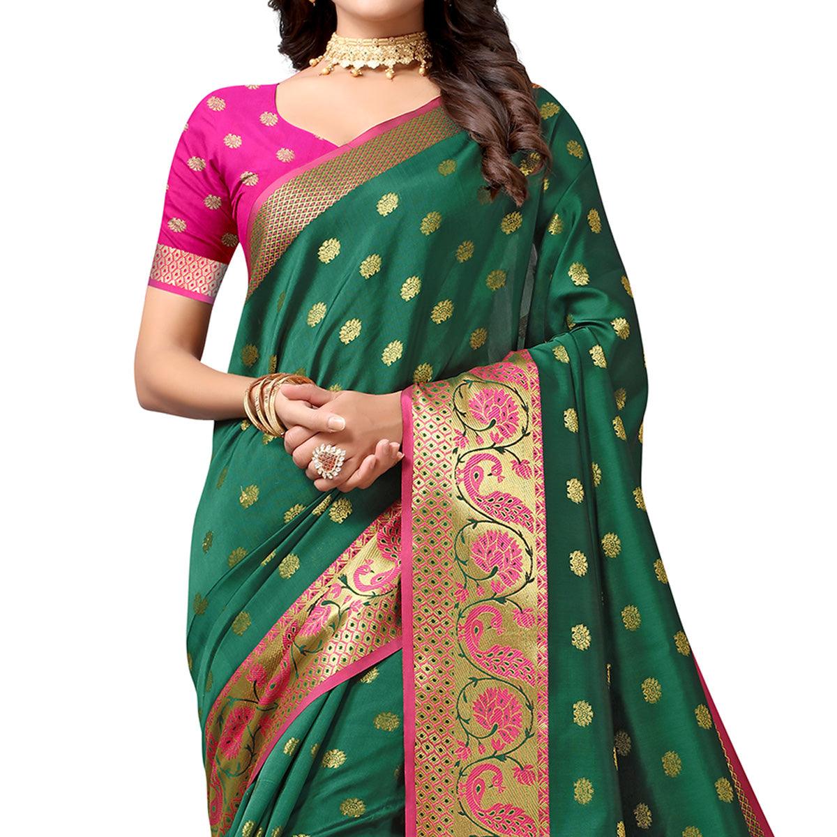 Bottle Green Woven Art Silk Saree - Peachmode