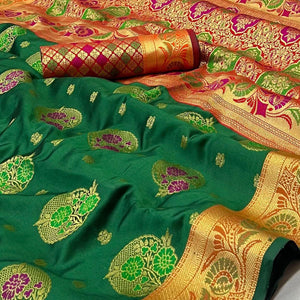 Bottle Green Woven Art Silk Saree - Peachmode