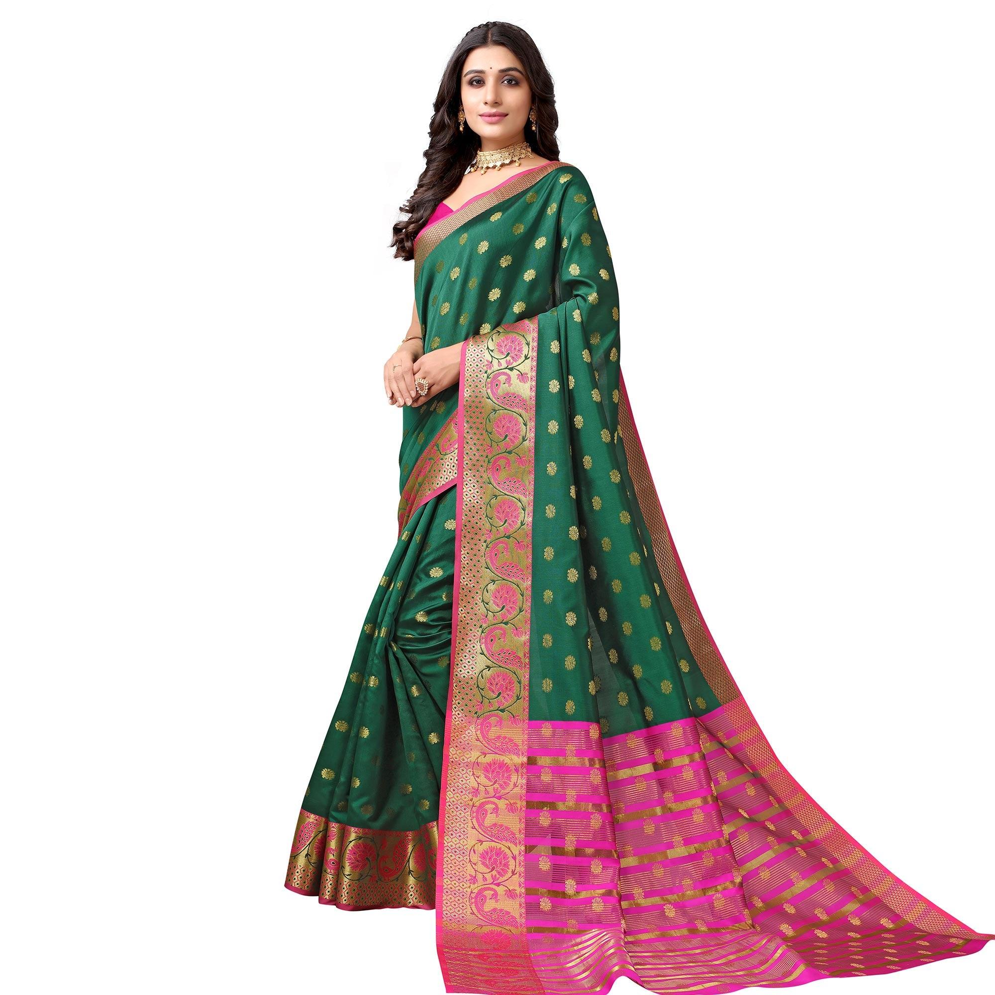 Bottle Green Woven Art Silk Saree - Peachmode