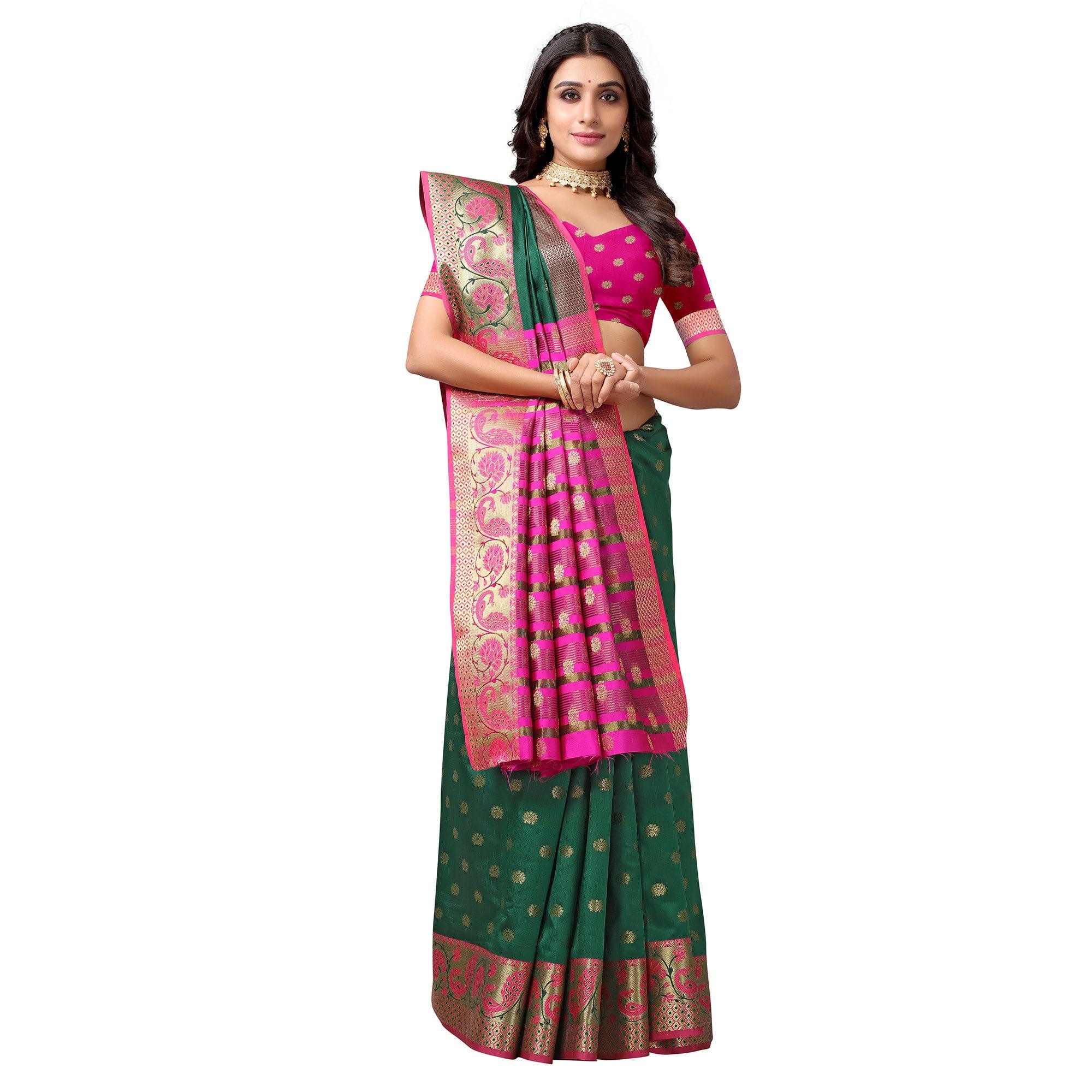 Bottle Green Woven Art Silk Saree - Peachmode