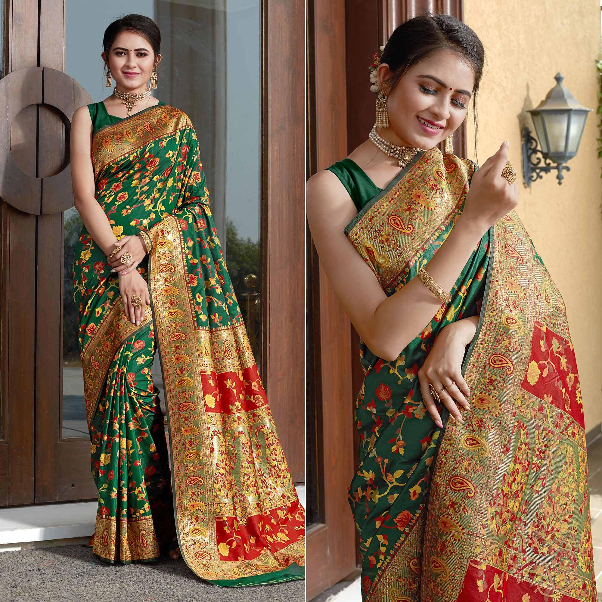 Bottle Green Woven Banarasi Silk Saree - Peachmode