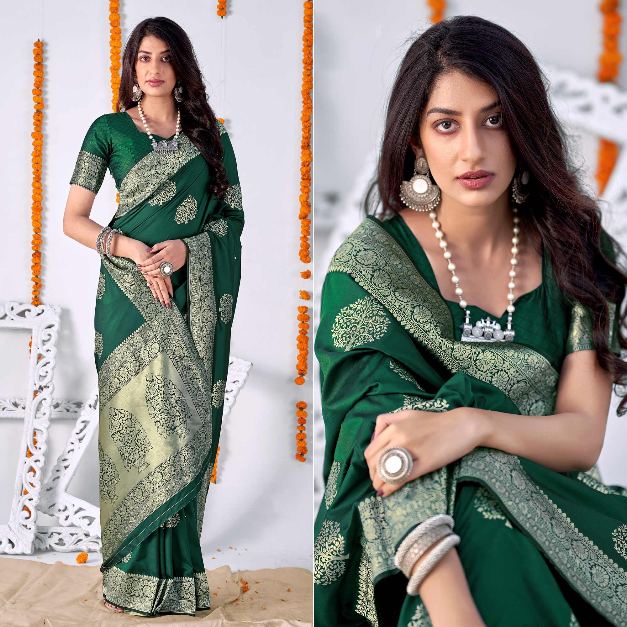 Bottle Green Woven Banarasi Silk Saree - Peachmode