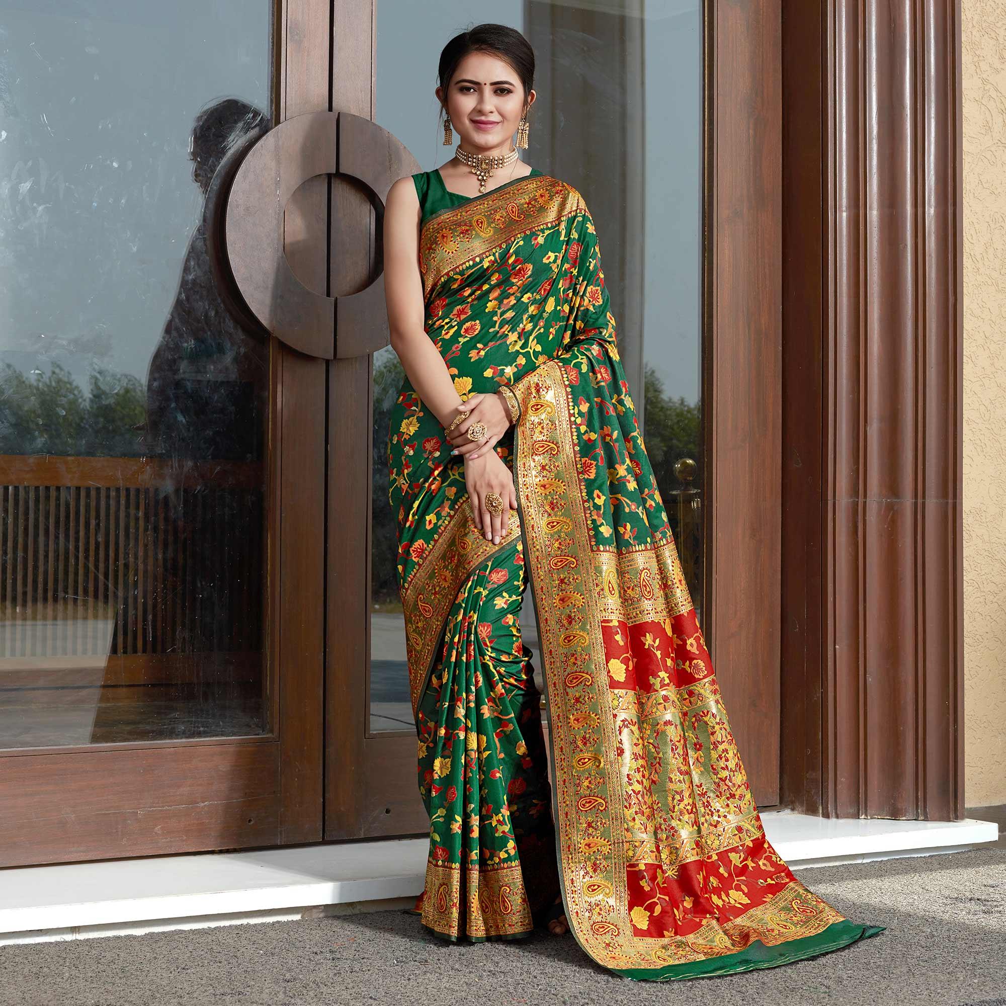 Bottle Green Woven Banarasi Silk Saree - Peachmode