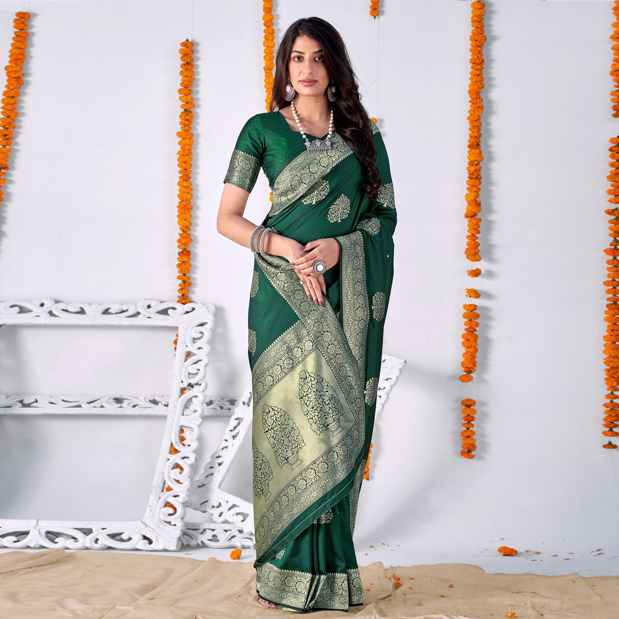 Bottle Green Woven Banarasi Silk Saree - Peachmode