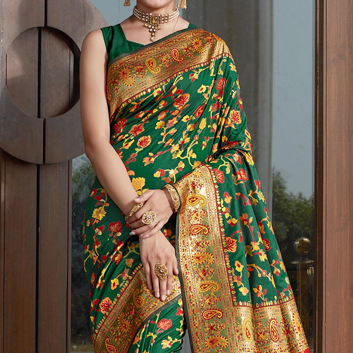 Bottle Green Woven Banarasi Silk Saree - Peachmode