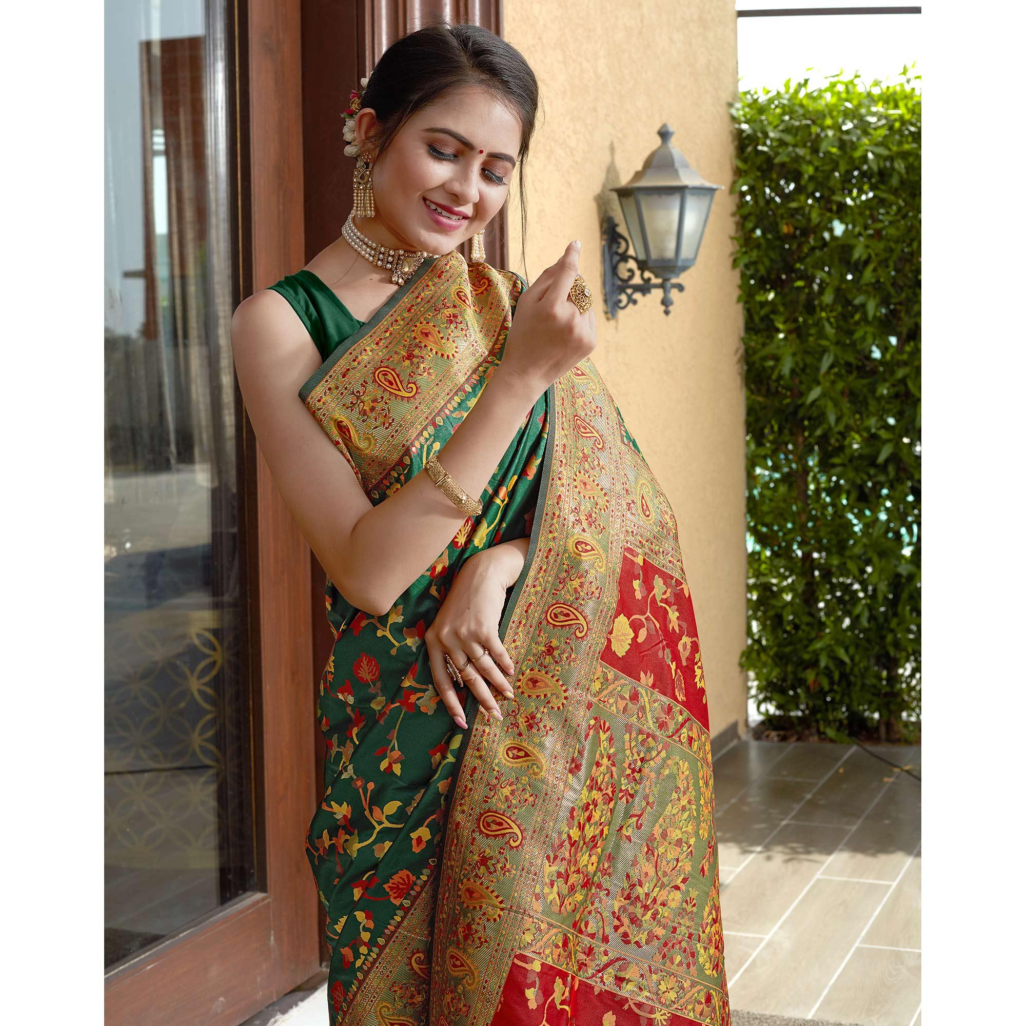 Bottle Green Woven Banarasi Silk Saree - Peachmode