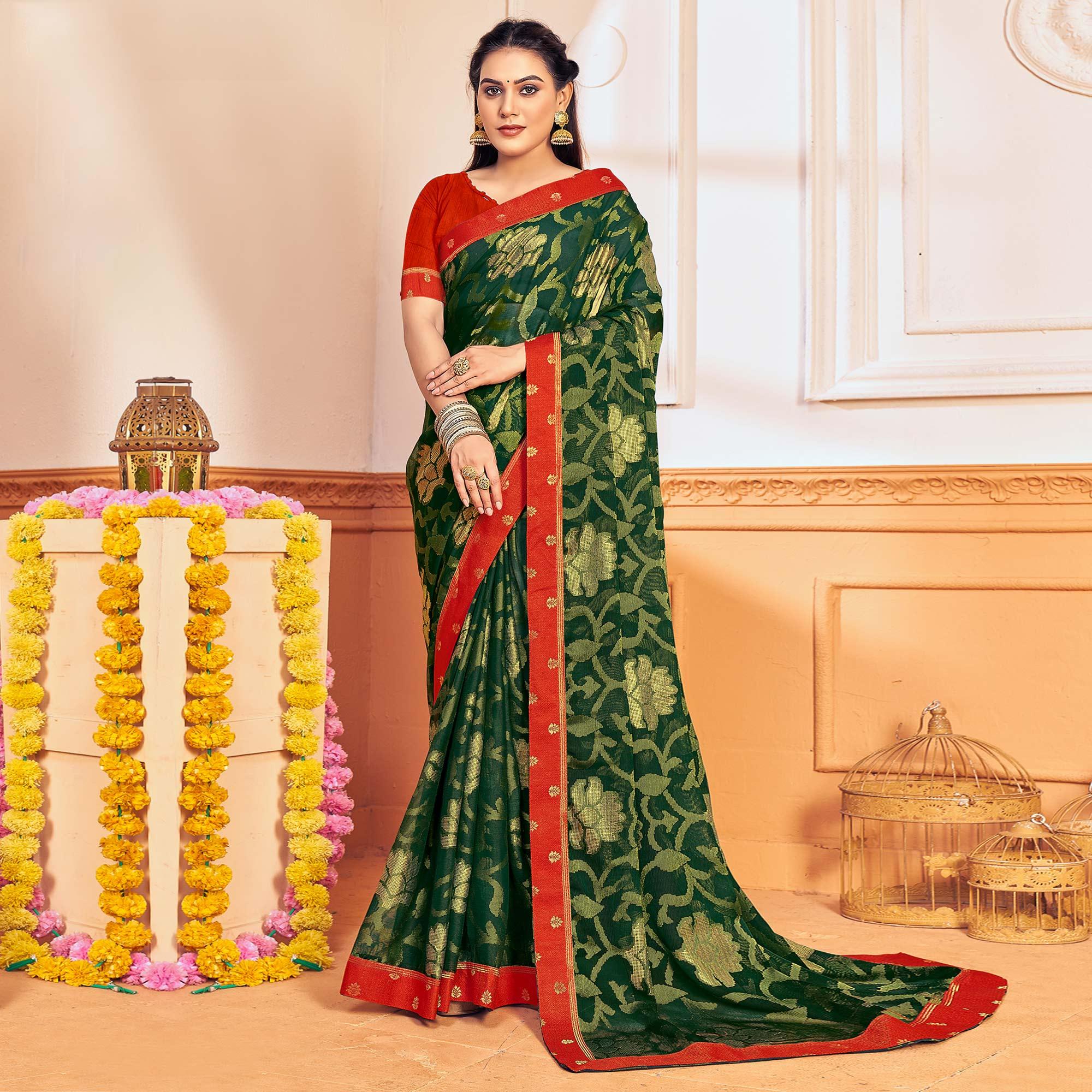 Bottle Green Woven Brasso Saree - Peachmode