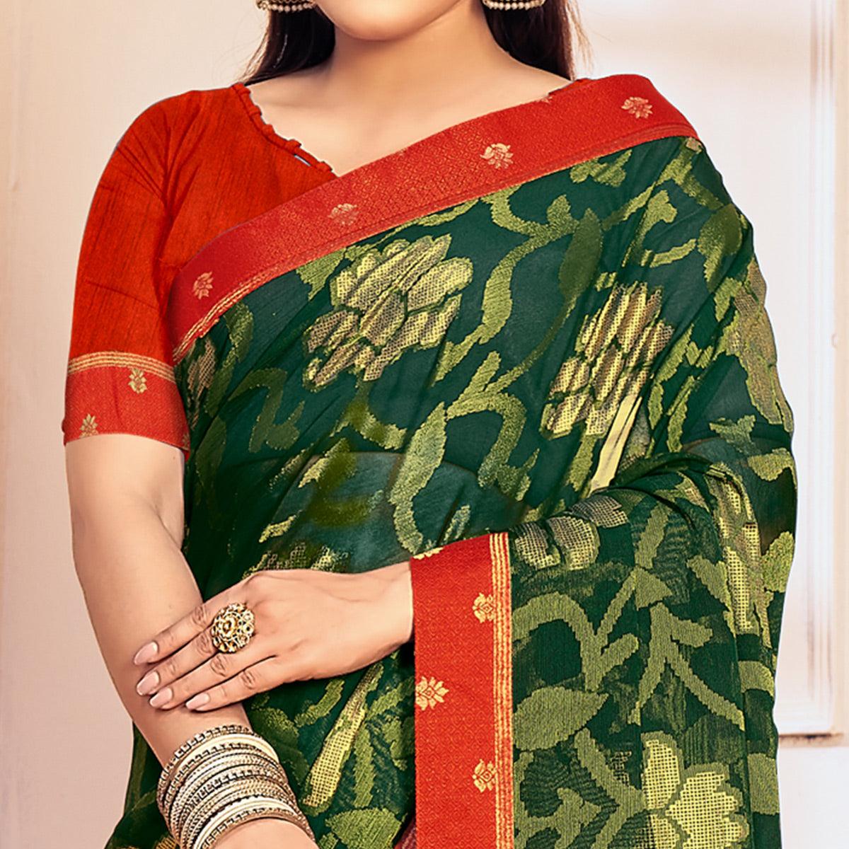 Bottle Green Woven Brasso Saree - Peachmode