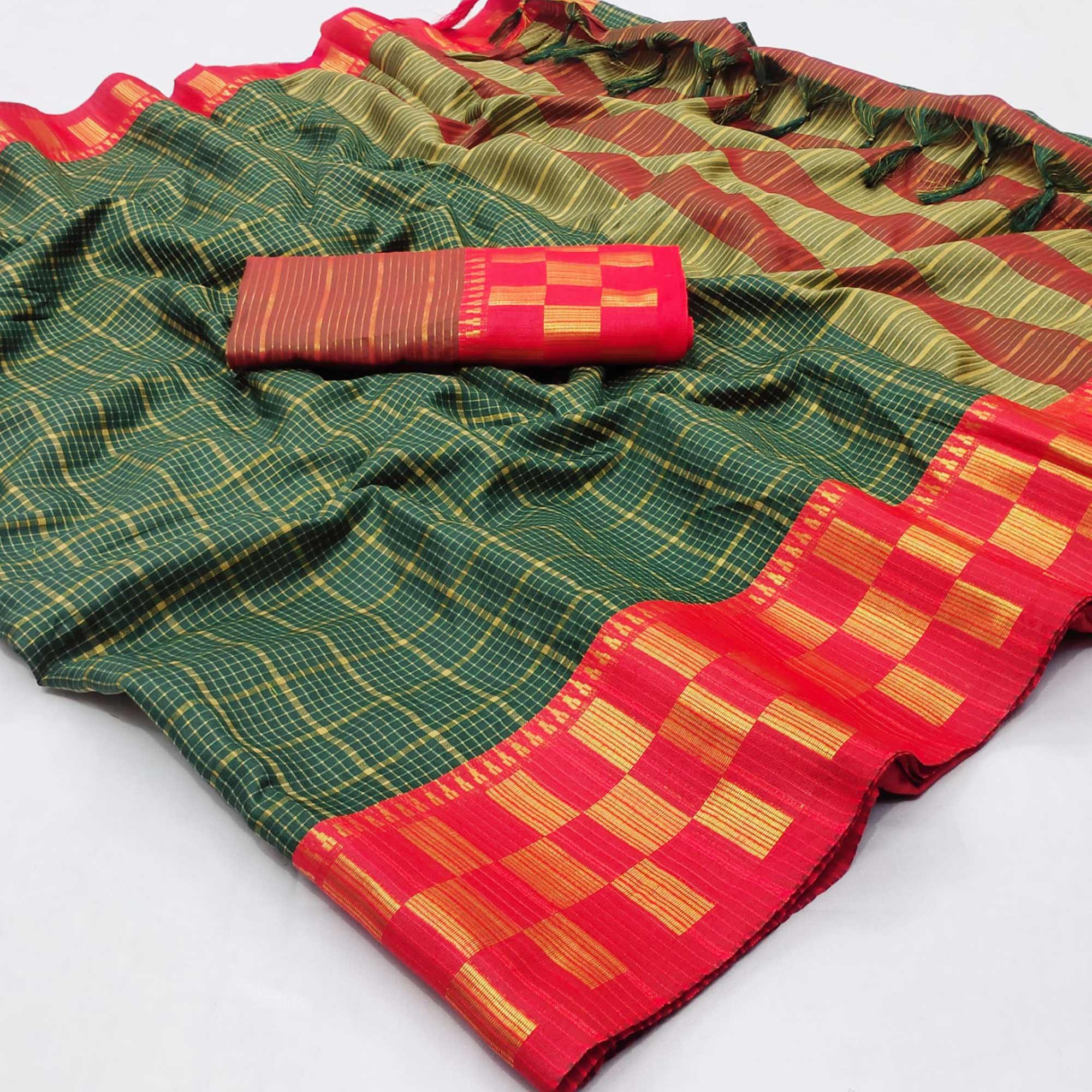 Bottle Green Woven Cotton Silk Saree - Peachmode