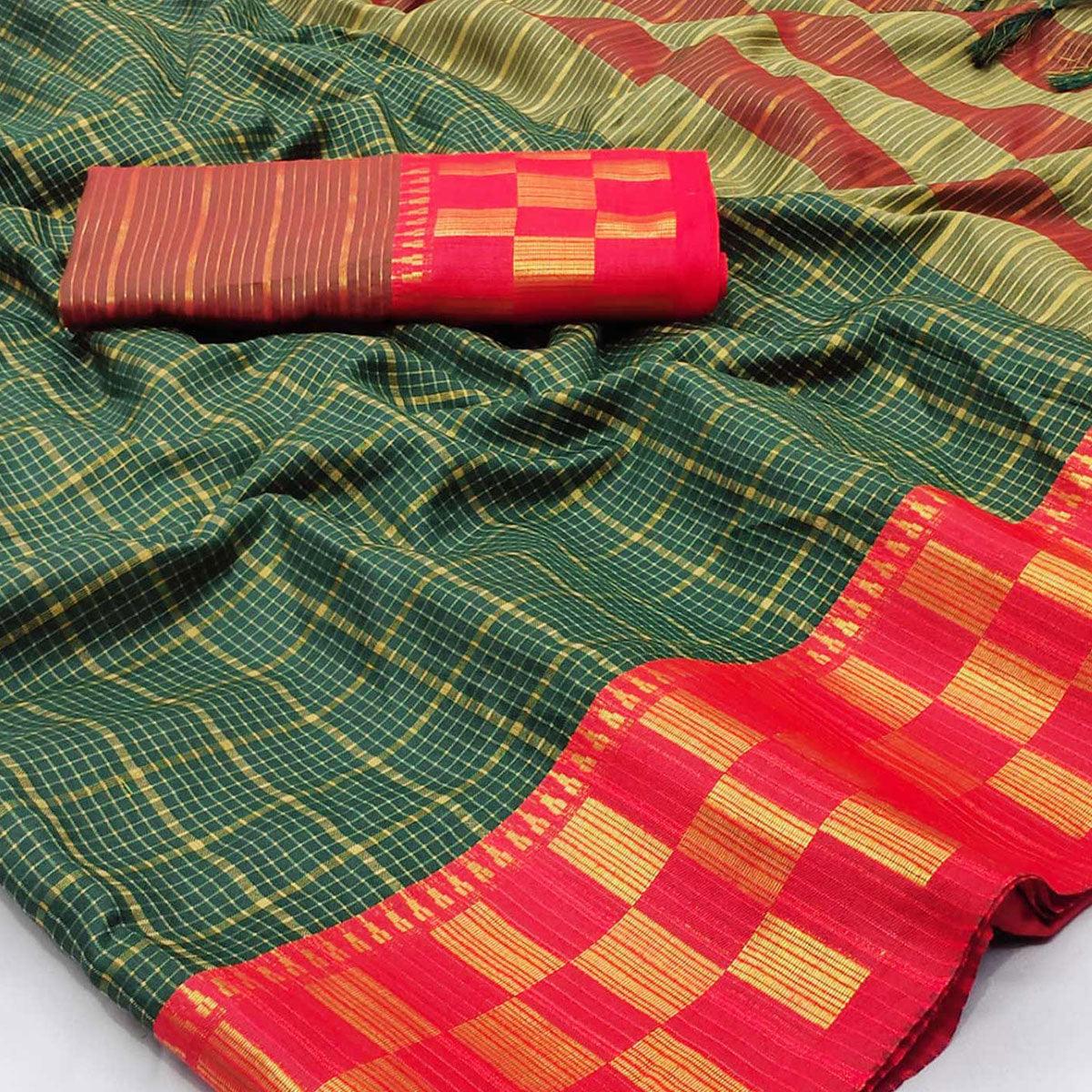 Bottle Green Woven Cotton Silk Saree - Peachmode