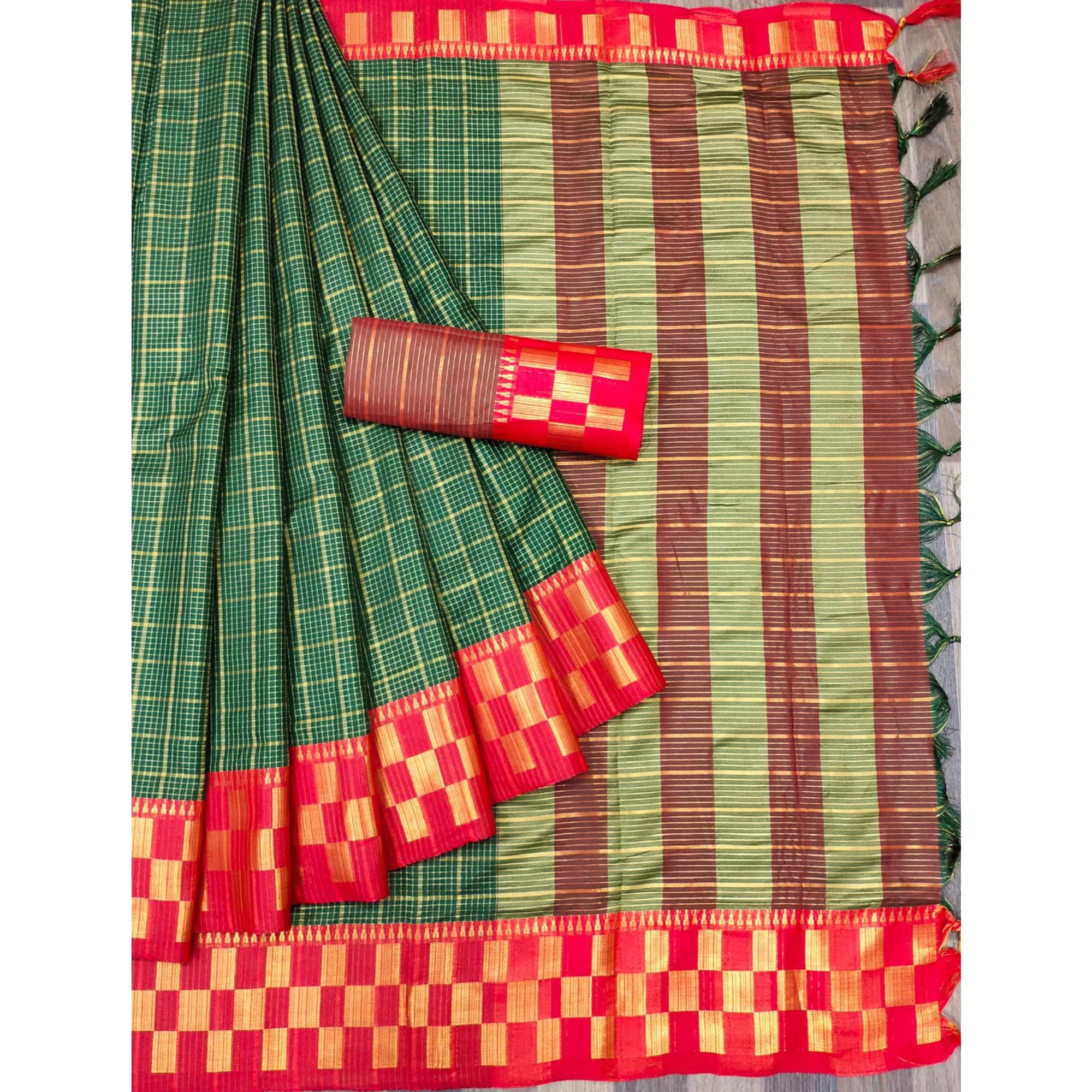 Bottle Green Woven Cotton Silk Saree - Peachmode