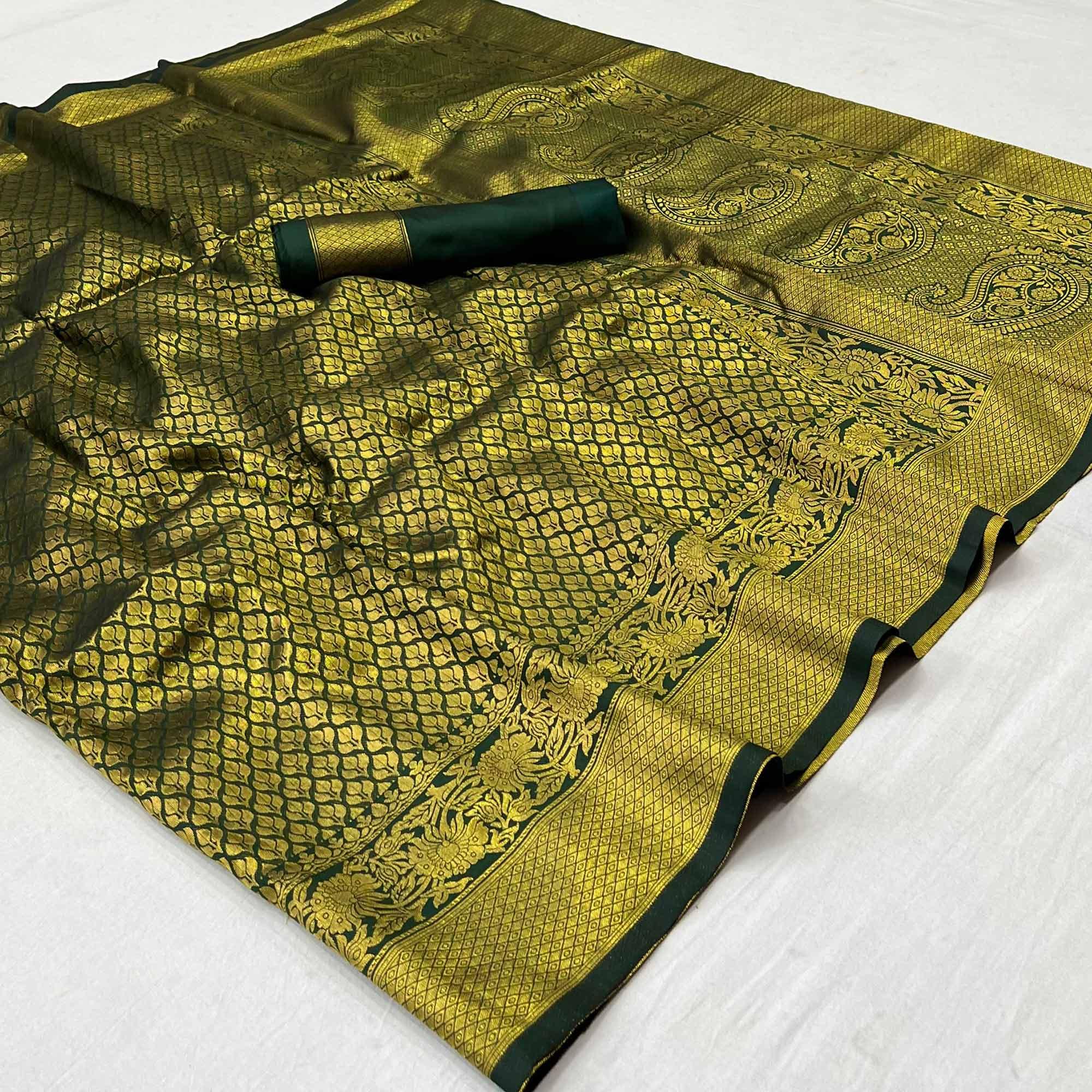 Bottle Green Woven Jacquard Saree - Peachmode