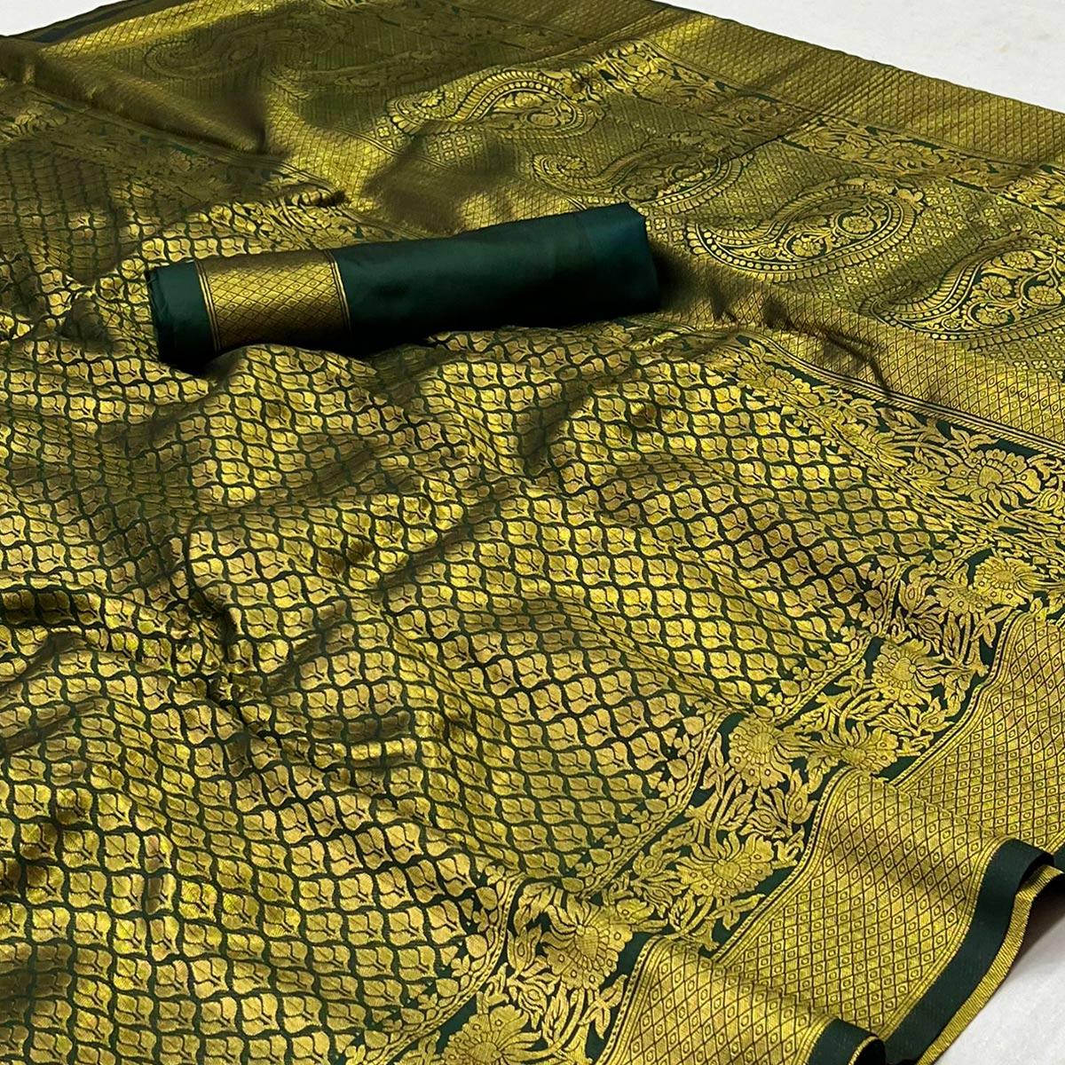 Bottle Green Woven Jacquard Saree - Peachmode