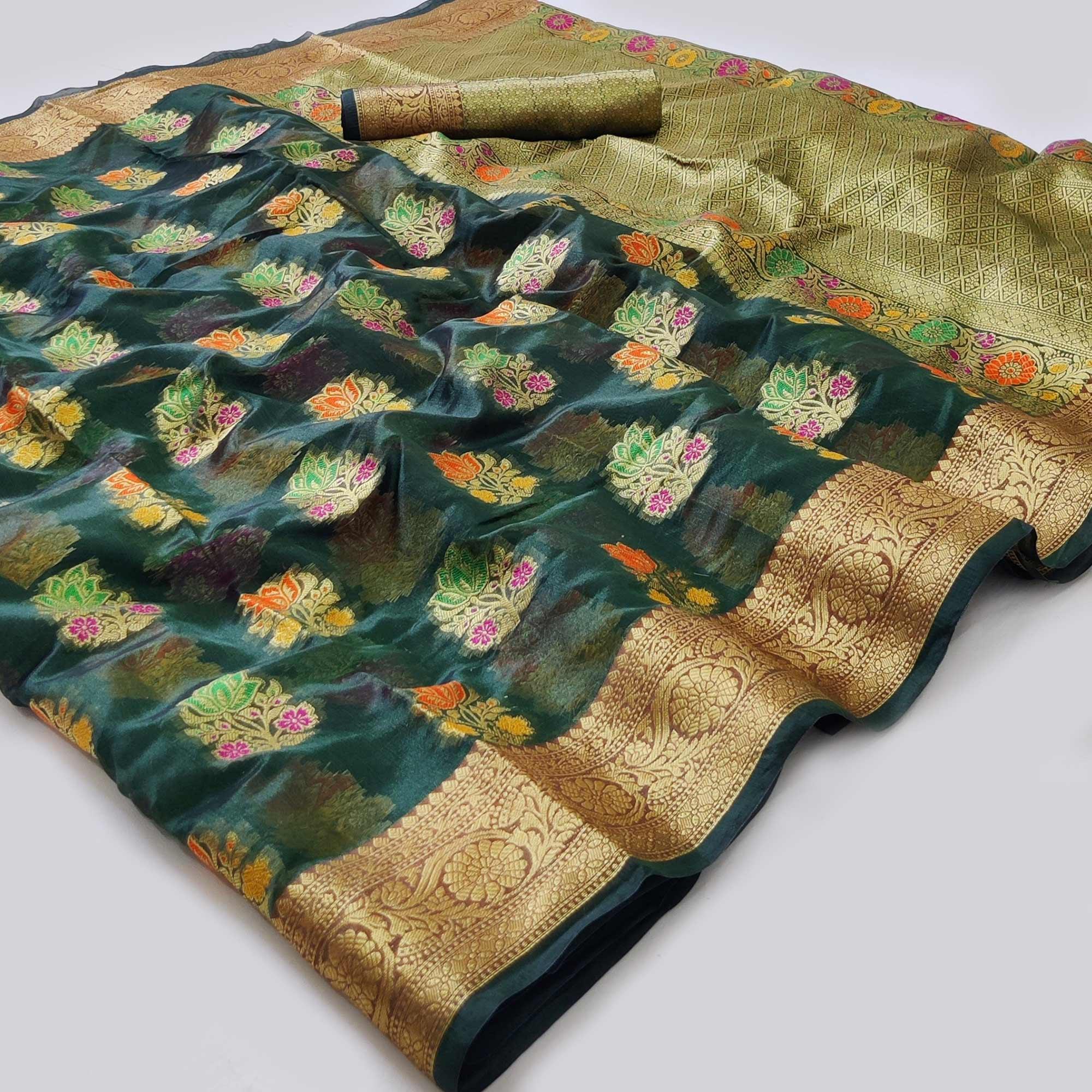 Bottle Green Woven Organza Saree - Peachmode