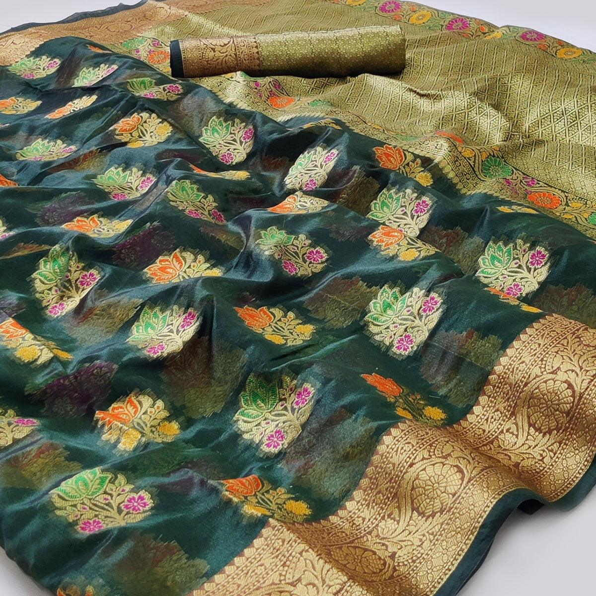 Bottle Green Woven Organza Saree - Peachmode