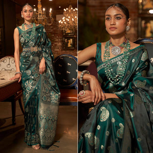 Bottle Green Woven Satin Saree With Tassels - Peachmode