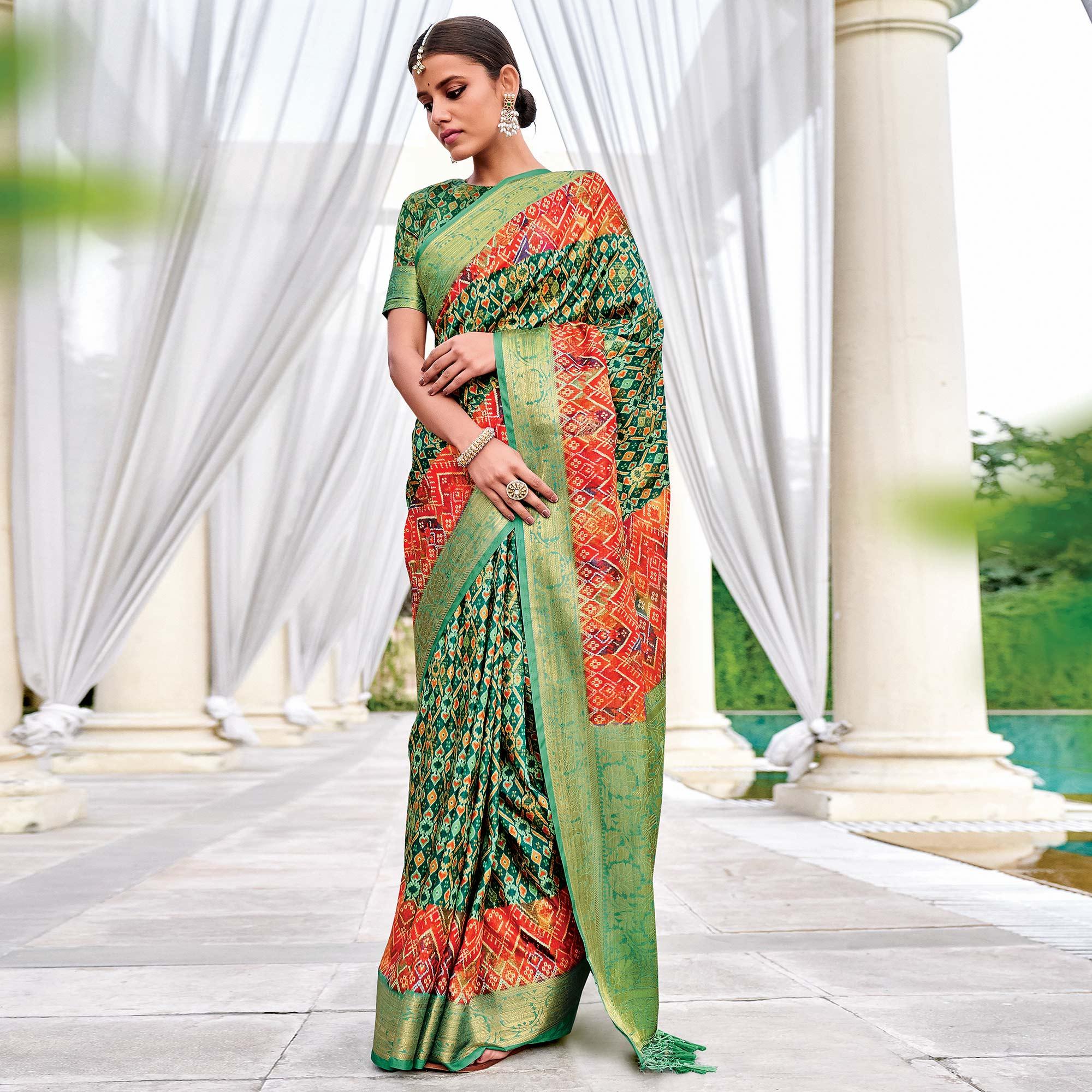 Bottole Green Festive Wear Digital Printed Woven Silk Saree - Peachmode