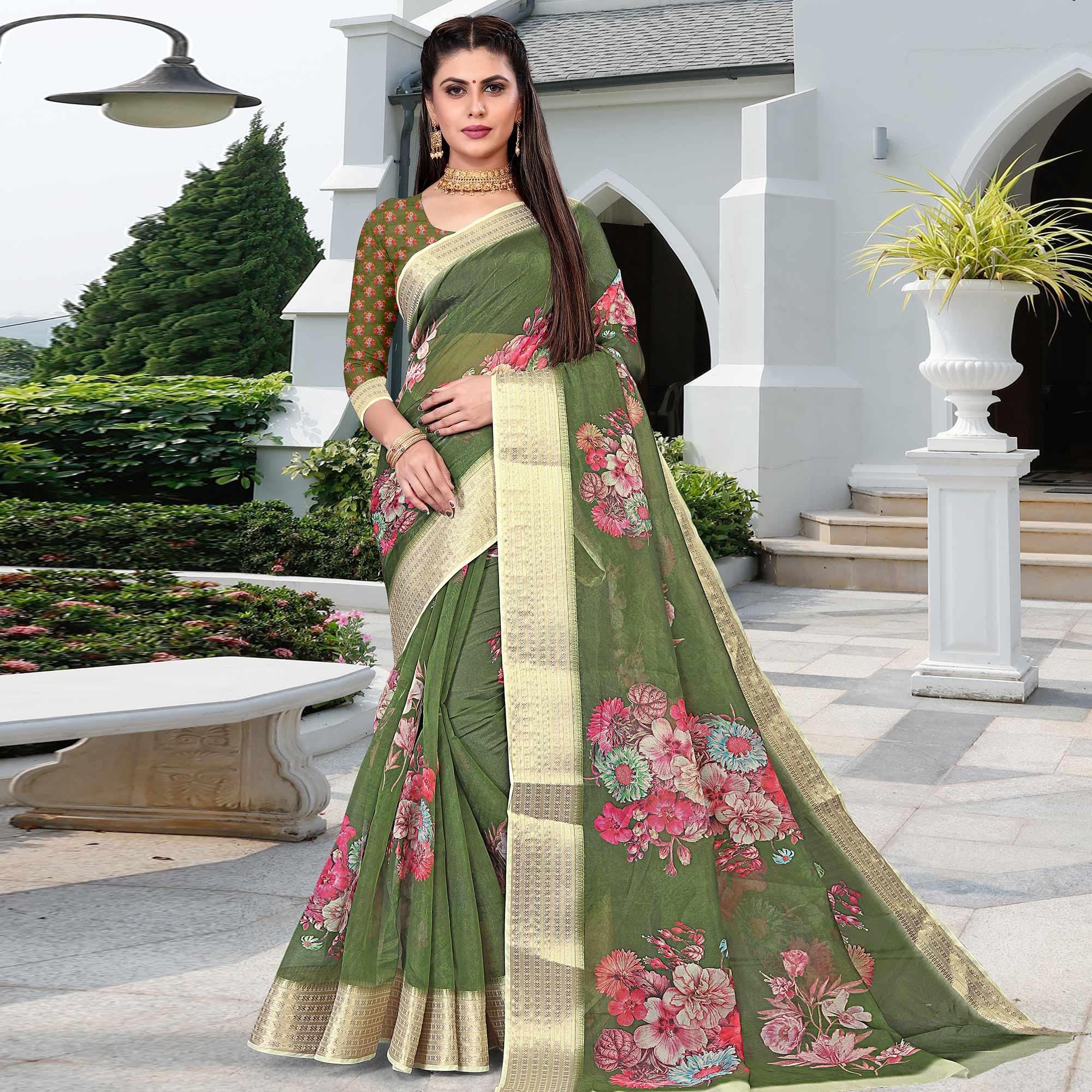 Bottole Green Party Wear Floral Digital Printed With Jacquard Border Soft Georgette Saree - Peachmode