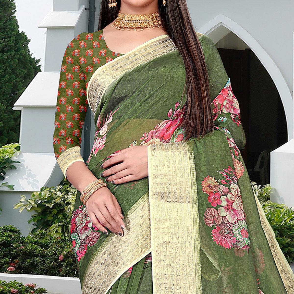 Bottole Green Party Wear Floral Digital Printed With Jacquard Border Soft Georgette Saree - Peachmode
