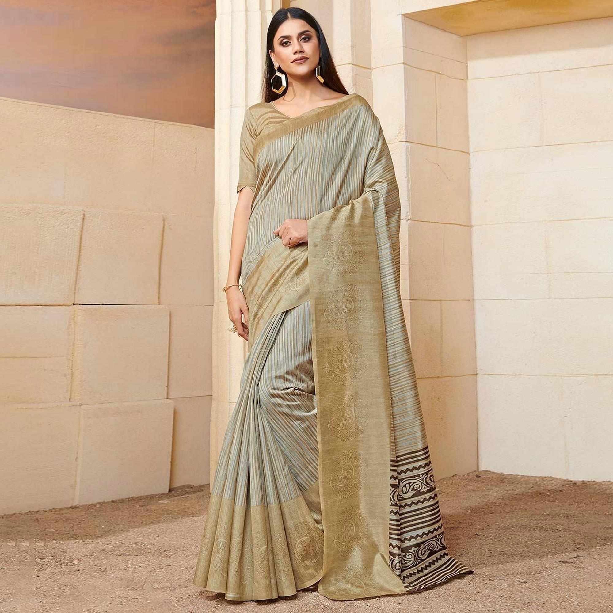 Breathtaking Beige Colored Casual Wear Printed Bhagalpuri Silk Saree - Peachmode