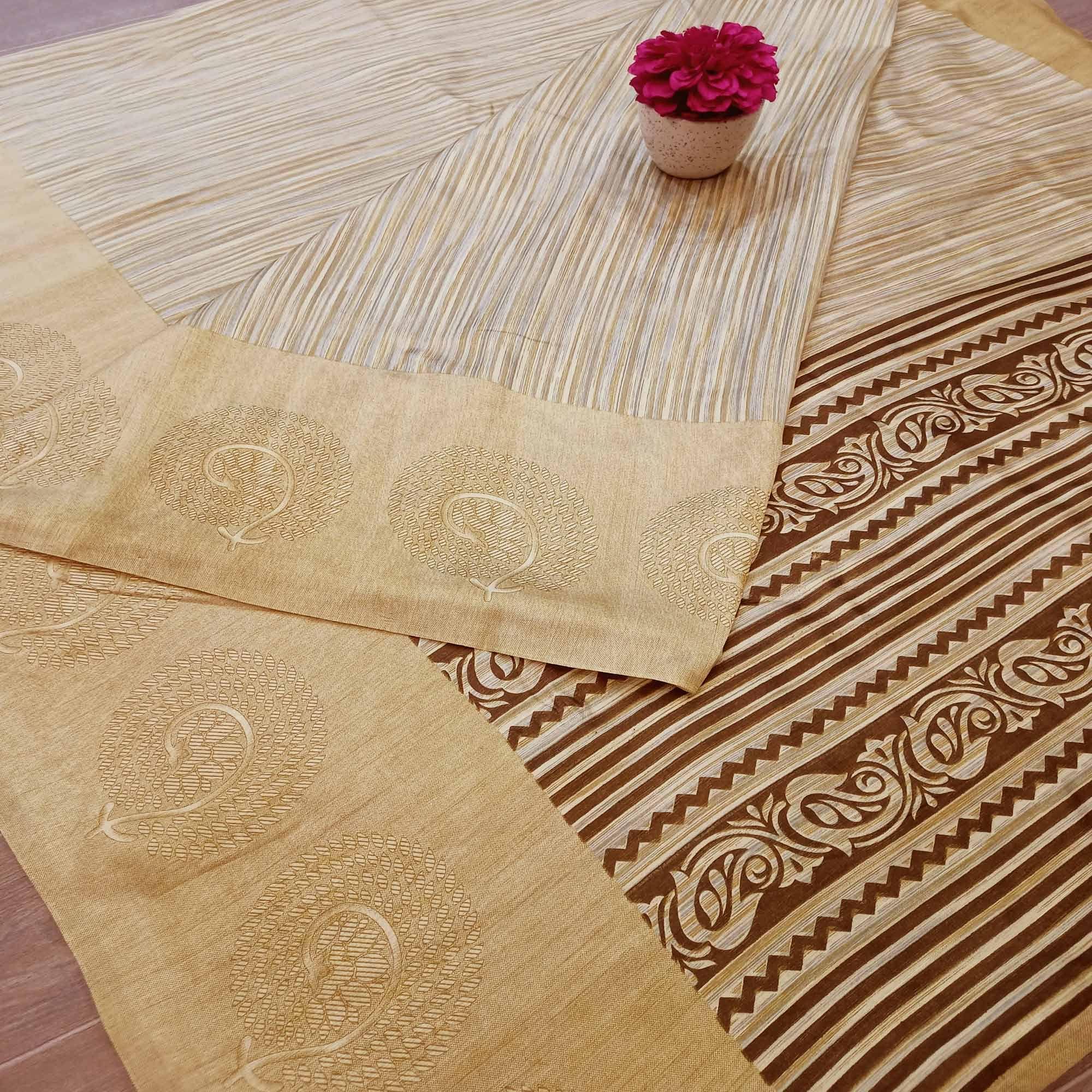 Breathtaking Beige Colored Casual Wear Printed Bhagalpuri Silk Saree - Peachmode