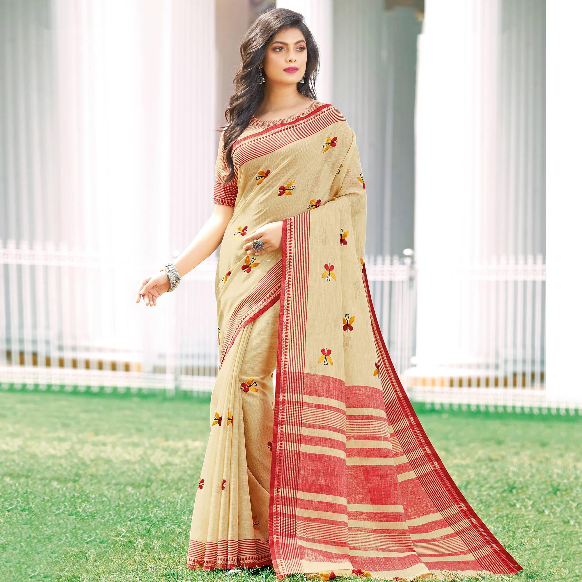 Breathtaking Beige Colored Casual Wear Printed Linen Cotton Saree - Peachmode