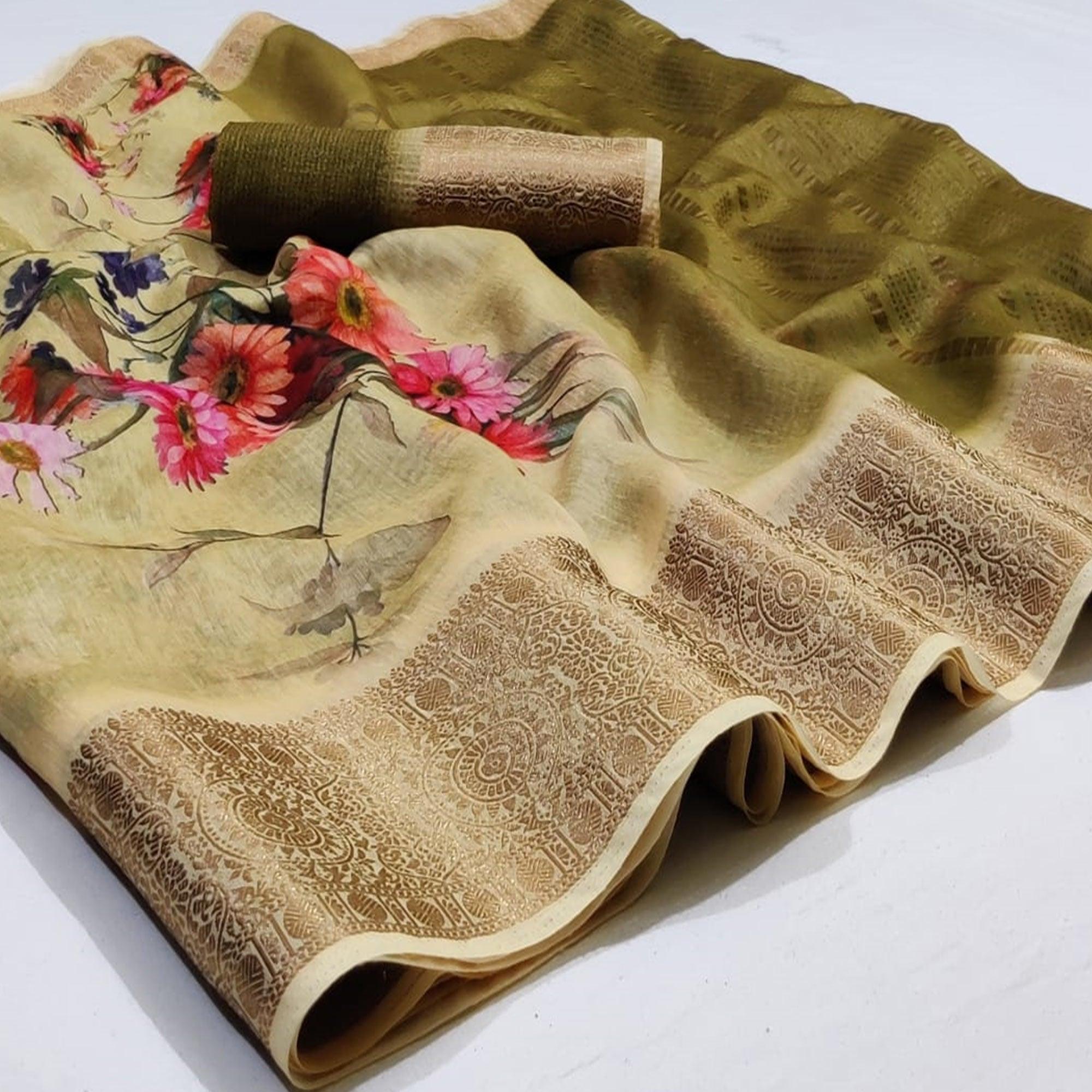 Breathtaking Beige Colored Festive Wear Woven Banarasi Silk Saree - Peachmode