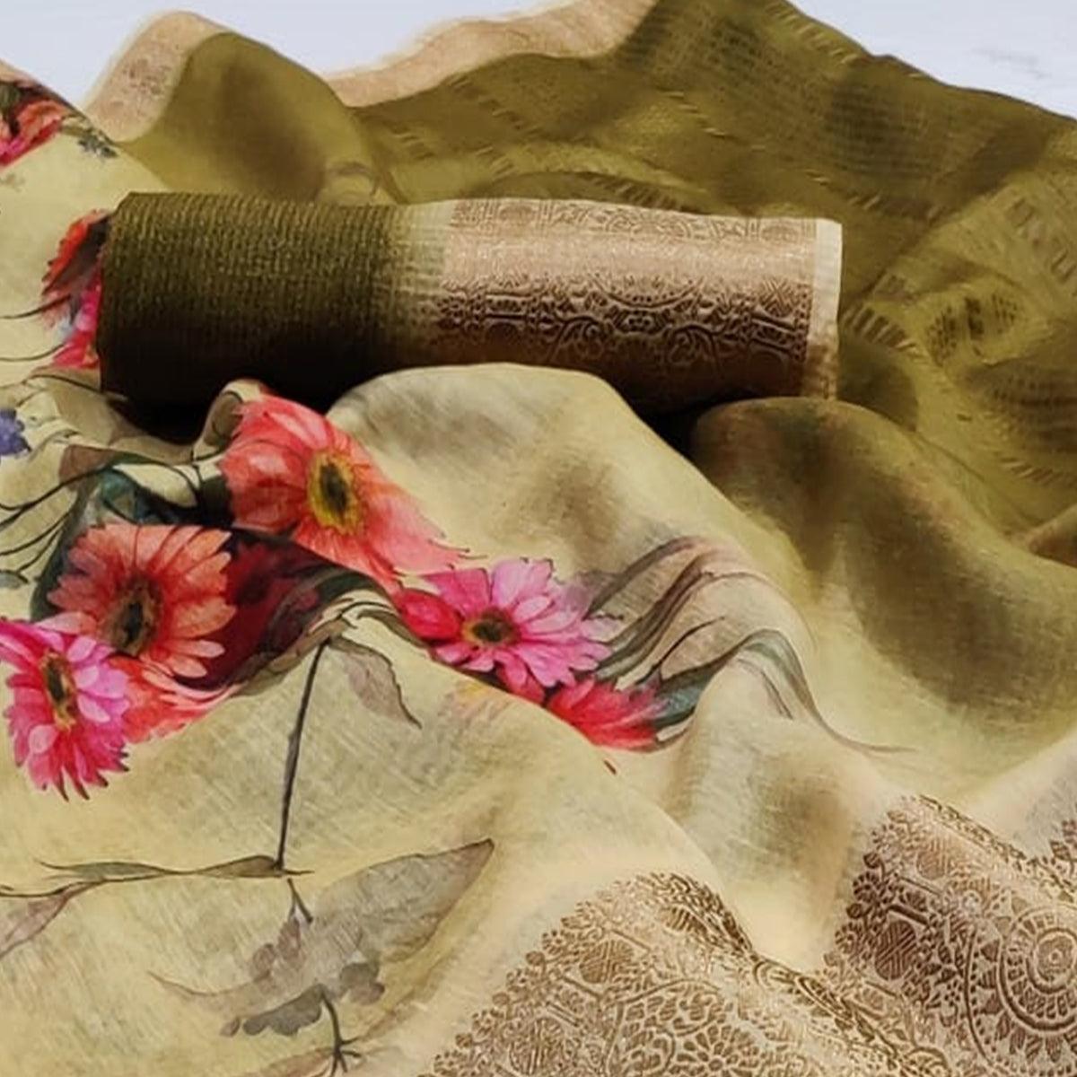 Breathtaking Beige Colored Festive Wear Woven Banarasi Silk Saree - Peachmode