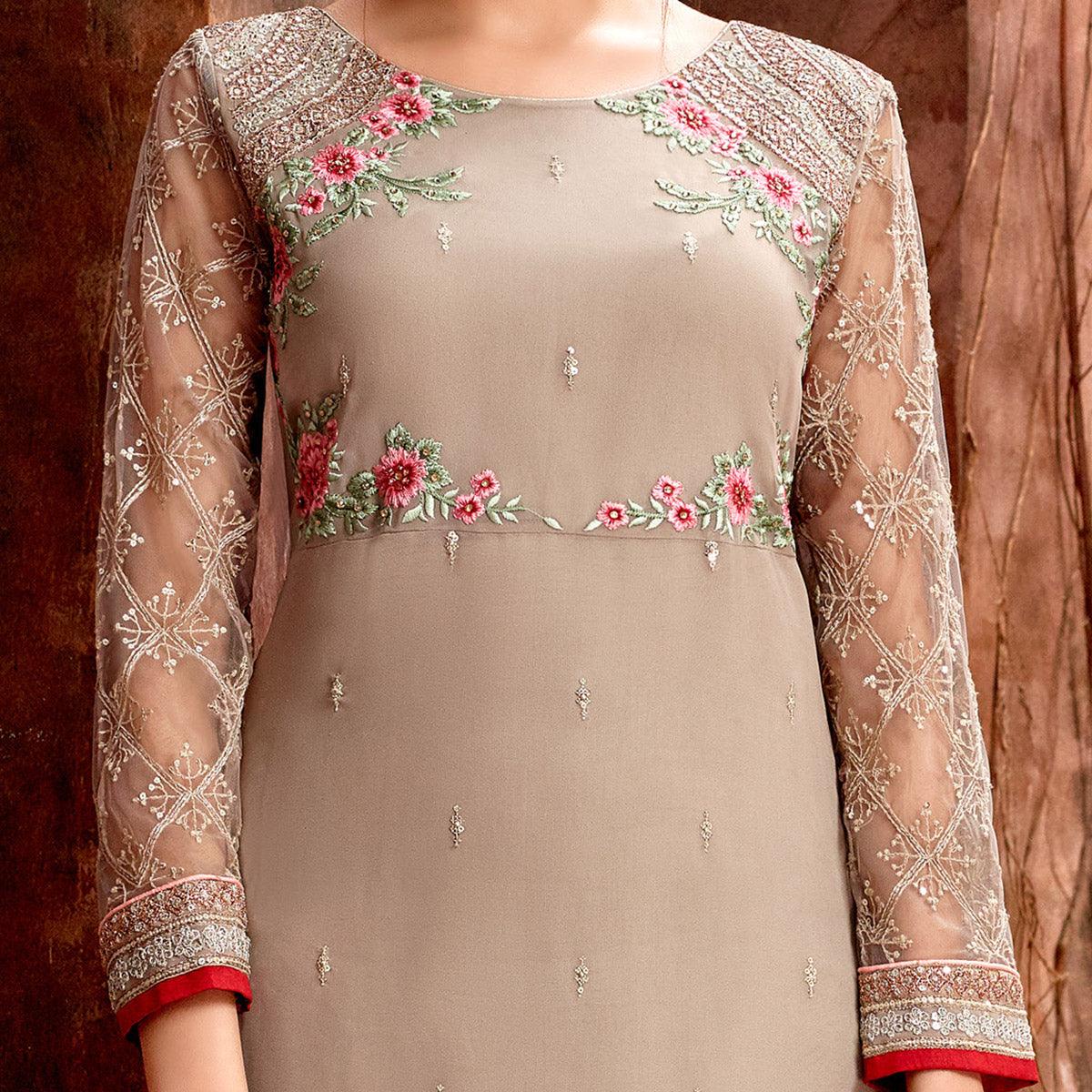 Breathtaking Beige Colored Floral Embroidered Party Wear Georgette Suit - Peachmode