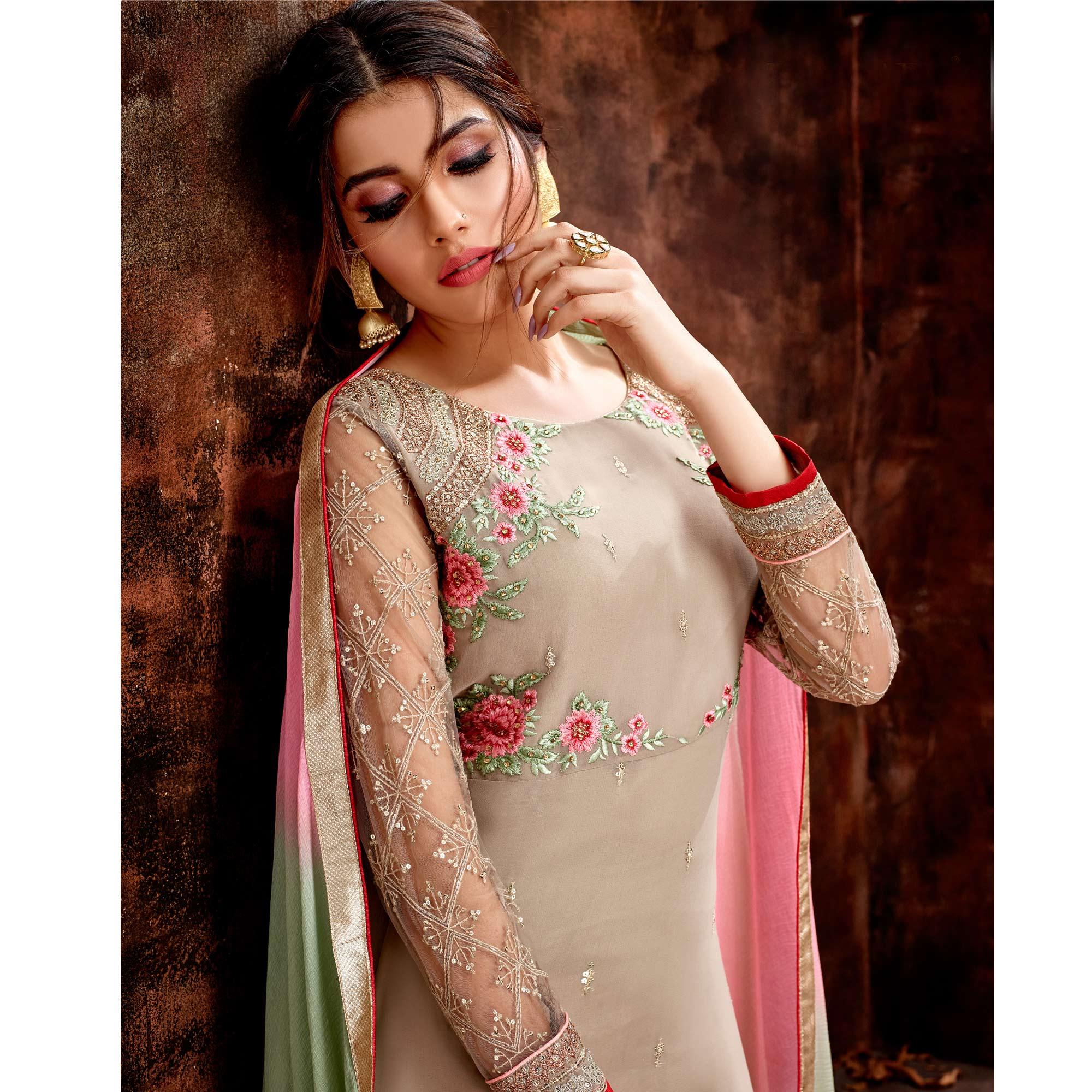 Breathtaking Beige Colored Floral Embroidered Party Wear Georgette Suit - Peachmode