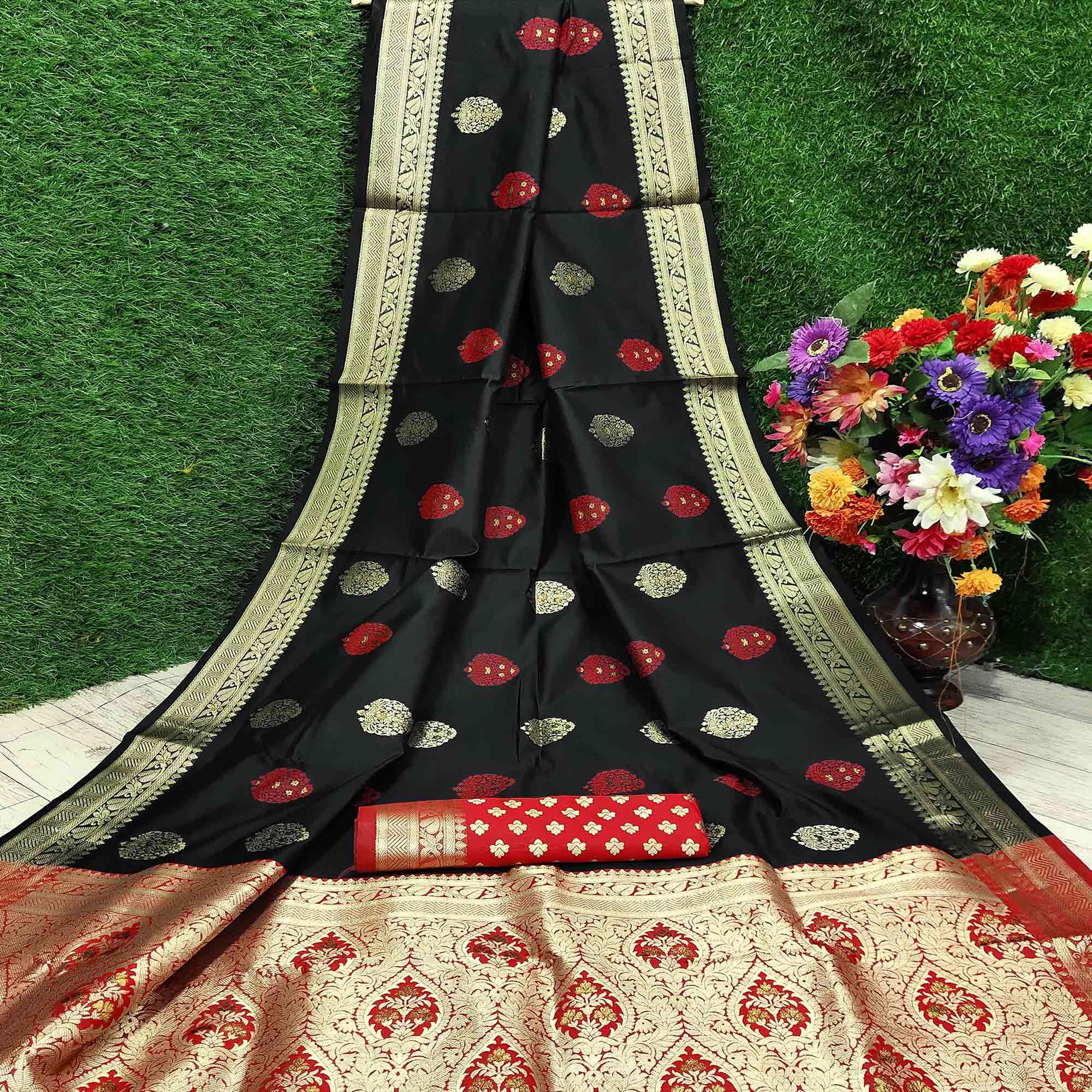 Breathtaking Black Colored Festive Wear Woven Banarasi Silk Saree - Peachmode