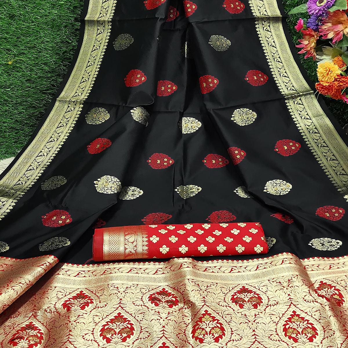 Breathtaking Black Colored Festive Wear Woven Banarasi Silk Saree - Peachmode