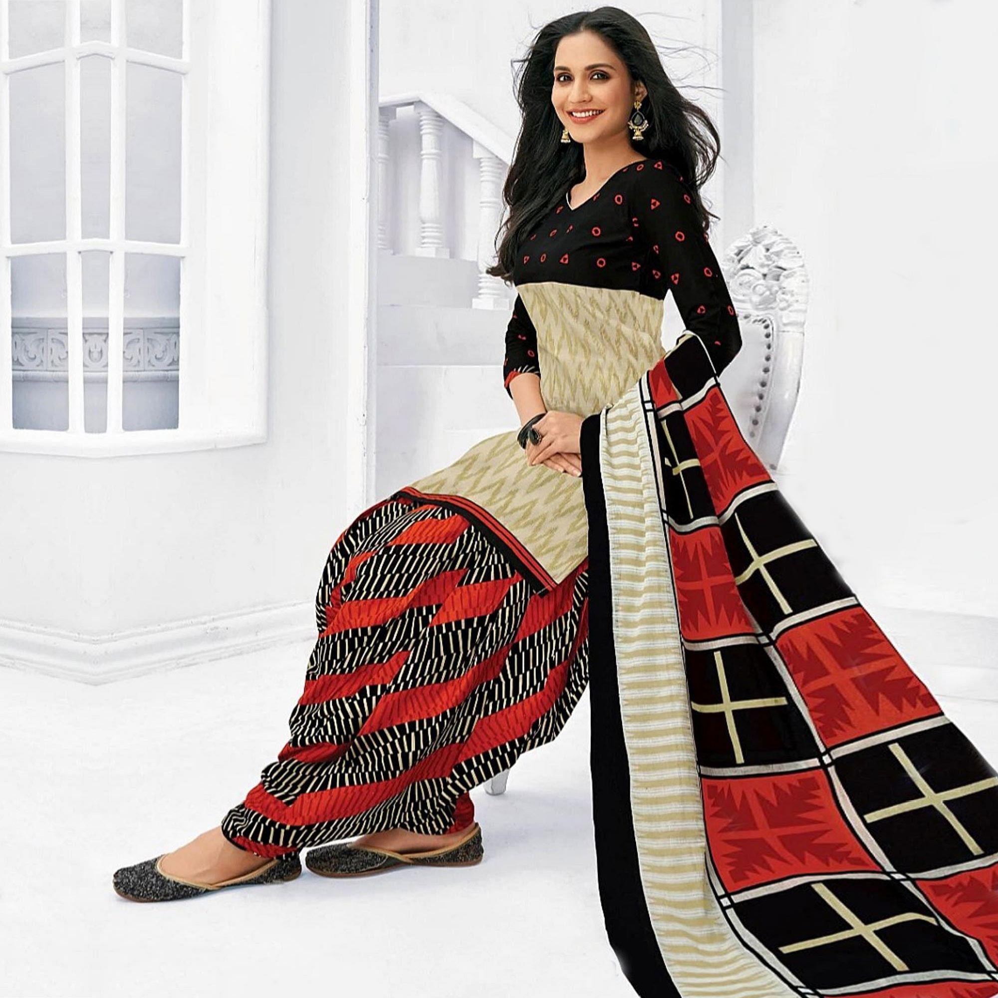 Breathtaking Black - Cream Colored Casual Wear Printed Cotton Stitched Patiala Suit - Peachmode