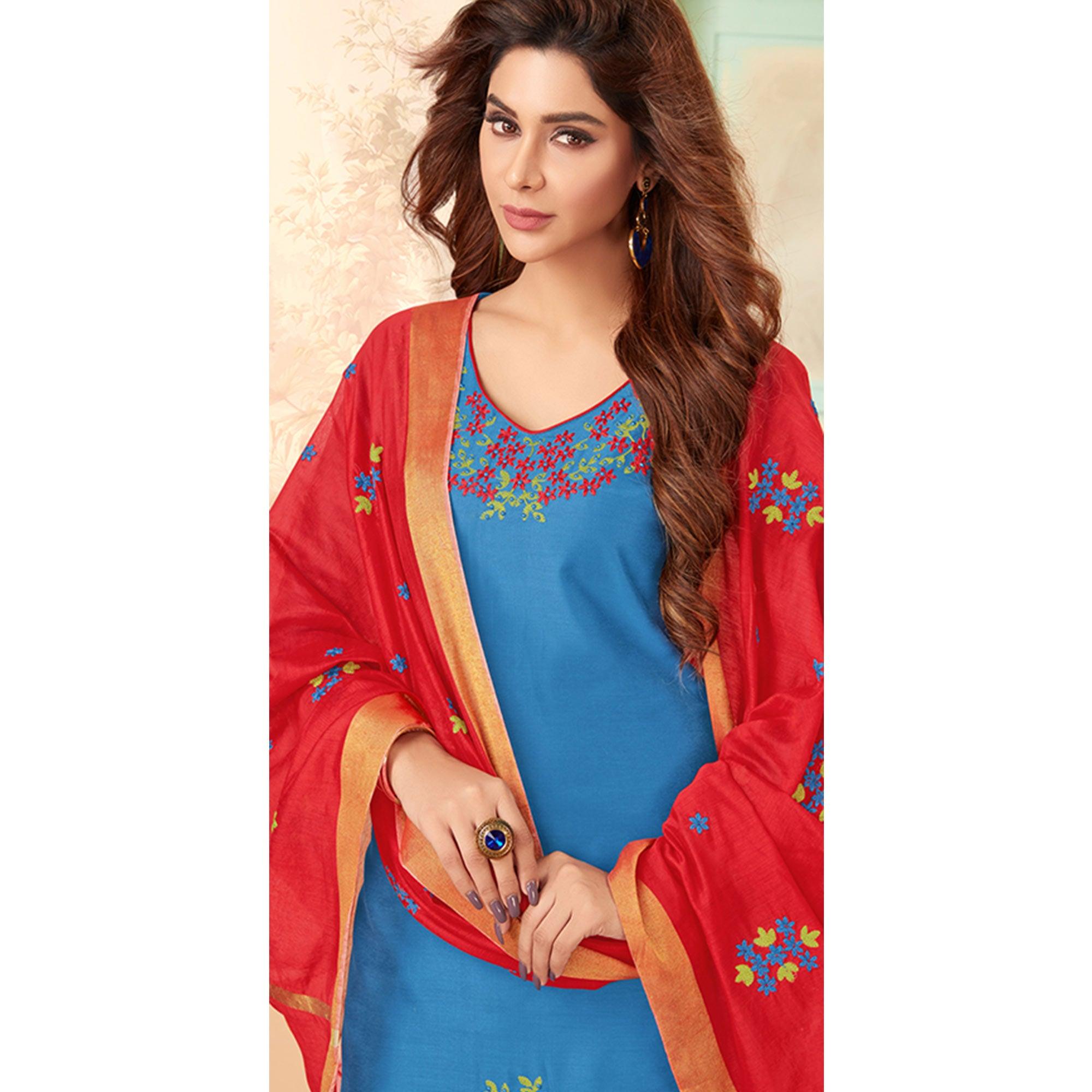 Breathtaking Blue Colored Casual Wear Embroidered Cotton Dress Material - Peachmode