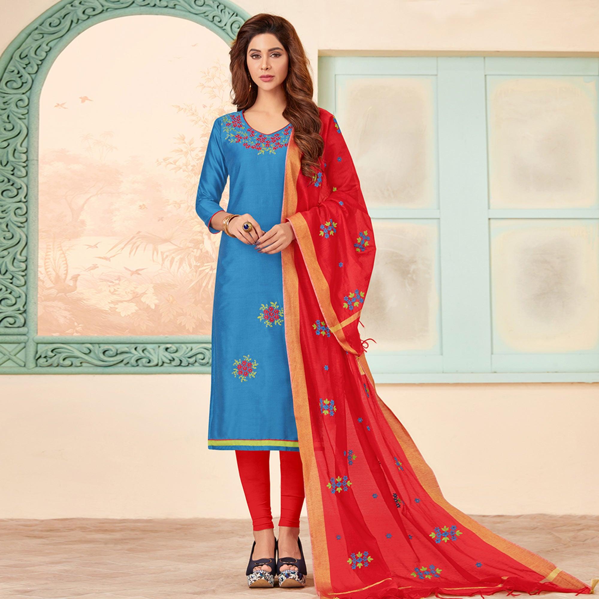 Breathtaking Blue Colored Casual Wear Embroidered Cotton Dress Material - Peachmode