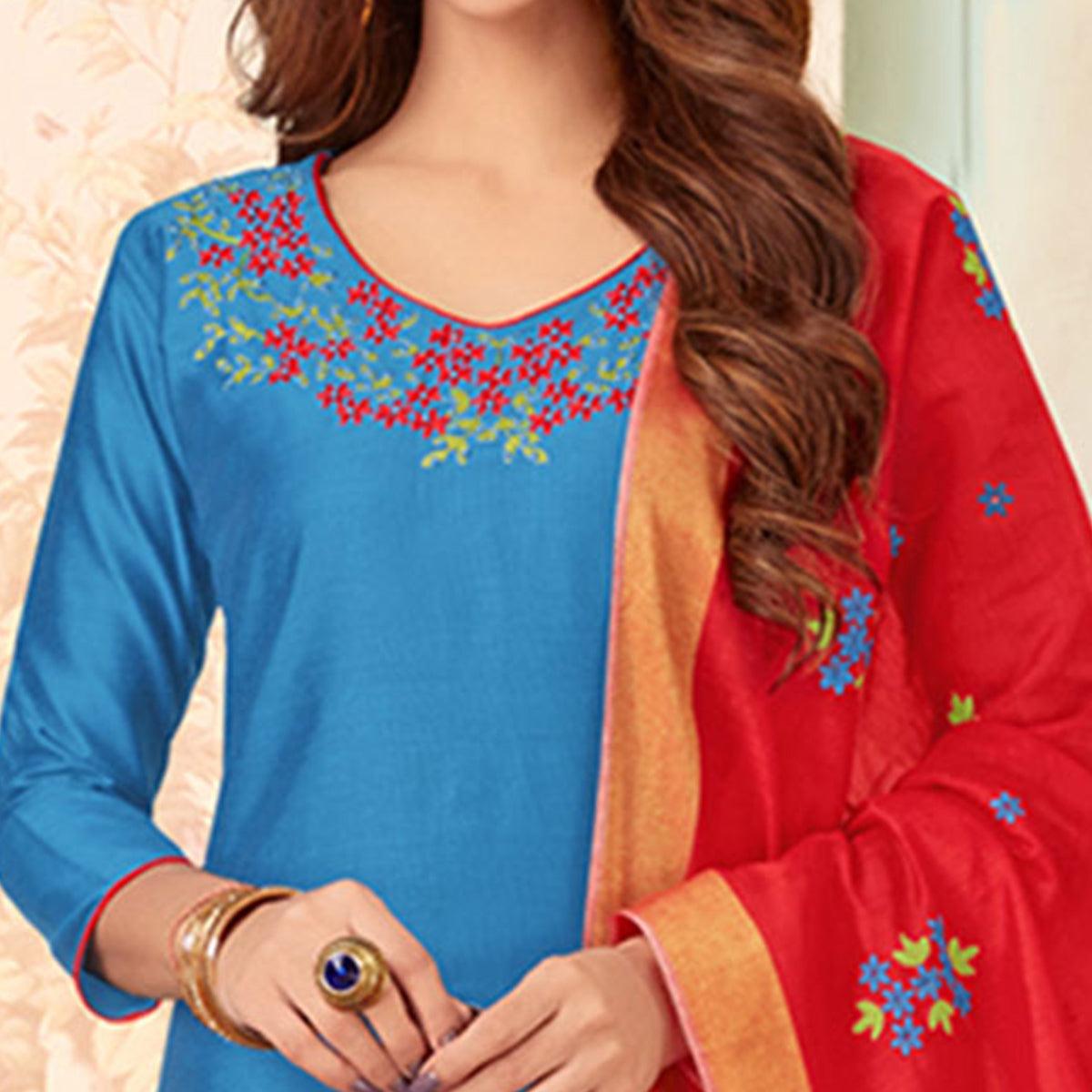 Breathtaking Blue Colored Casual Wear Embroidered Cotton Dress Material - Peachmode