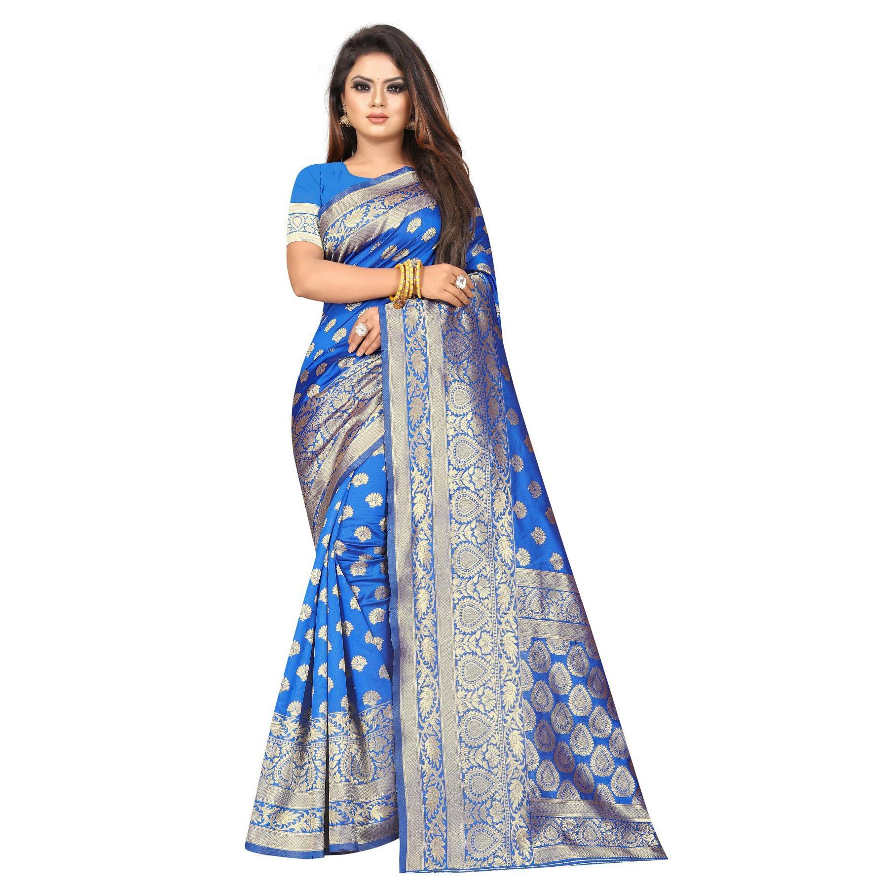 Breathtaking Blue Colored Festive Wear Woven Lichi Silk Saree - Peachmode