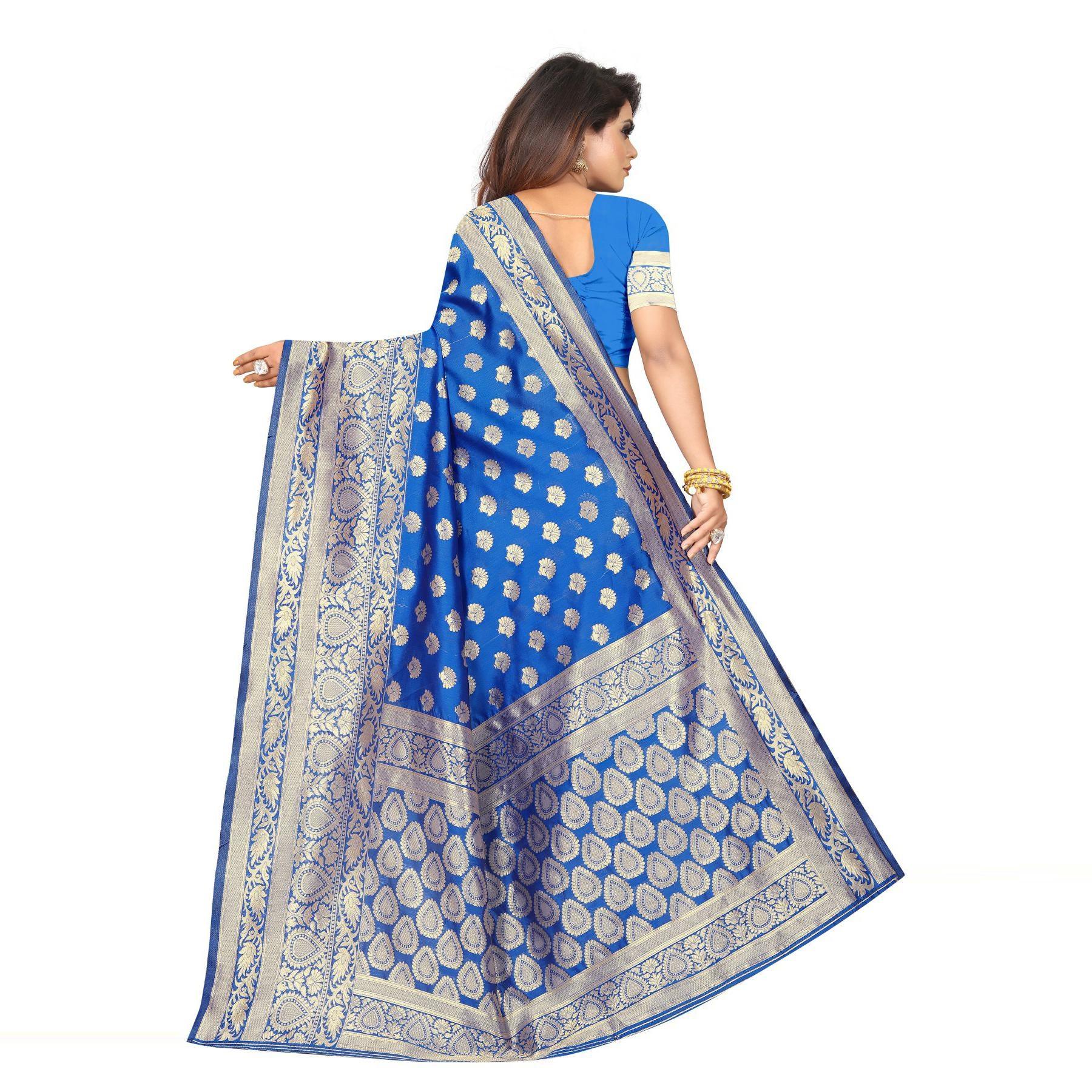 Breathtaking Blue Colored Festive Wear Woven Lichi Silk Saree - Peachmode