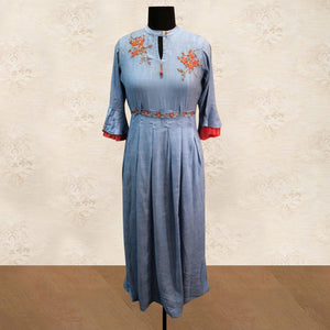 Breathtaking Bluish Grey Colored Partywear Floral Handwork Cotton Long Kurti - Peachmode