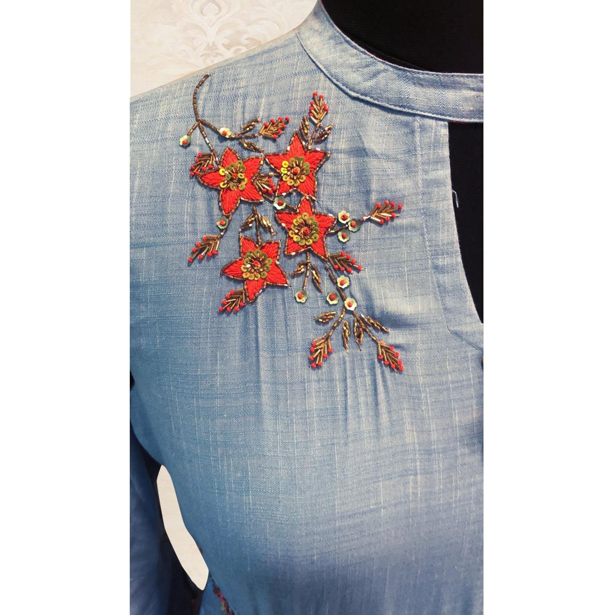 Breathtaking Bluish Grey Colored Partywear Floral Handwork Cotton Long Kurti - Peachmode