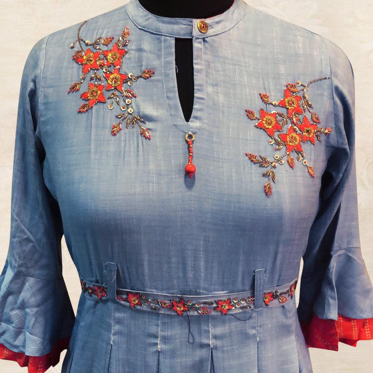 Breathtaking Bluish Grey Colored Partywear Floral Handwork Cotton Long Kurti - Peachmode