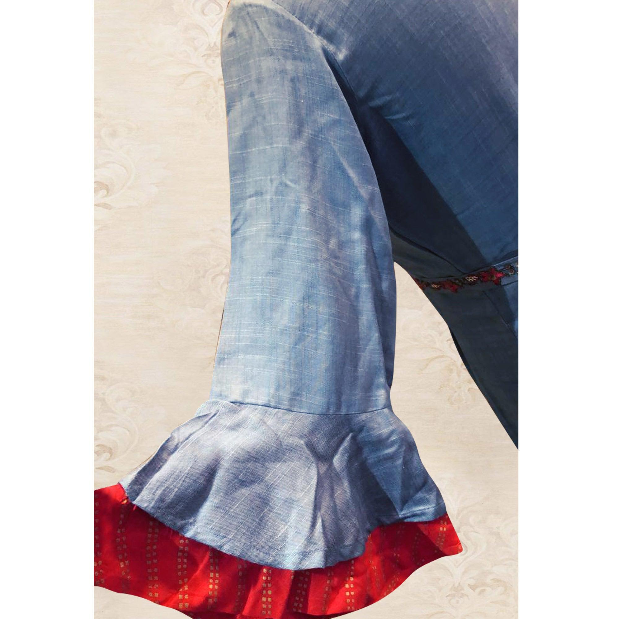 Breathtaking Bluish Grey Colored Partywear Floral Handwork Cotton Long Kurti - Peachmode