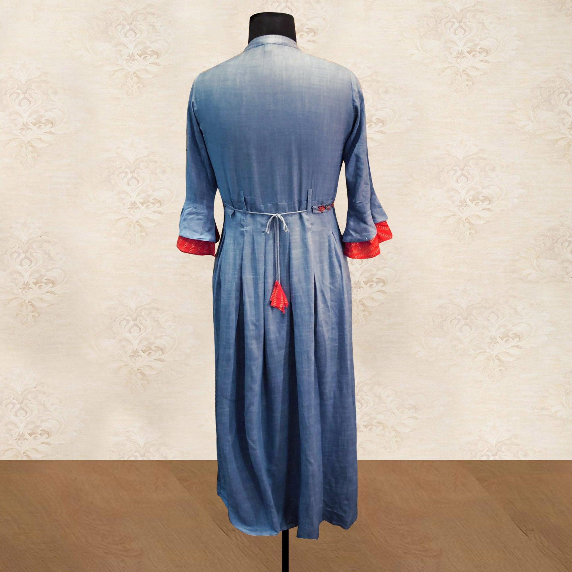 Breathtaking Bluish Grey Colored Partywear Floral Handwork Cotton Long Kurti - Peachmode