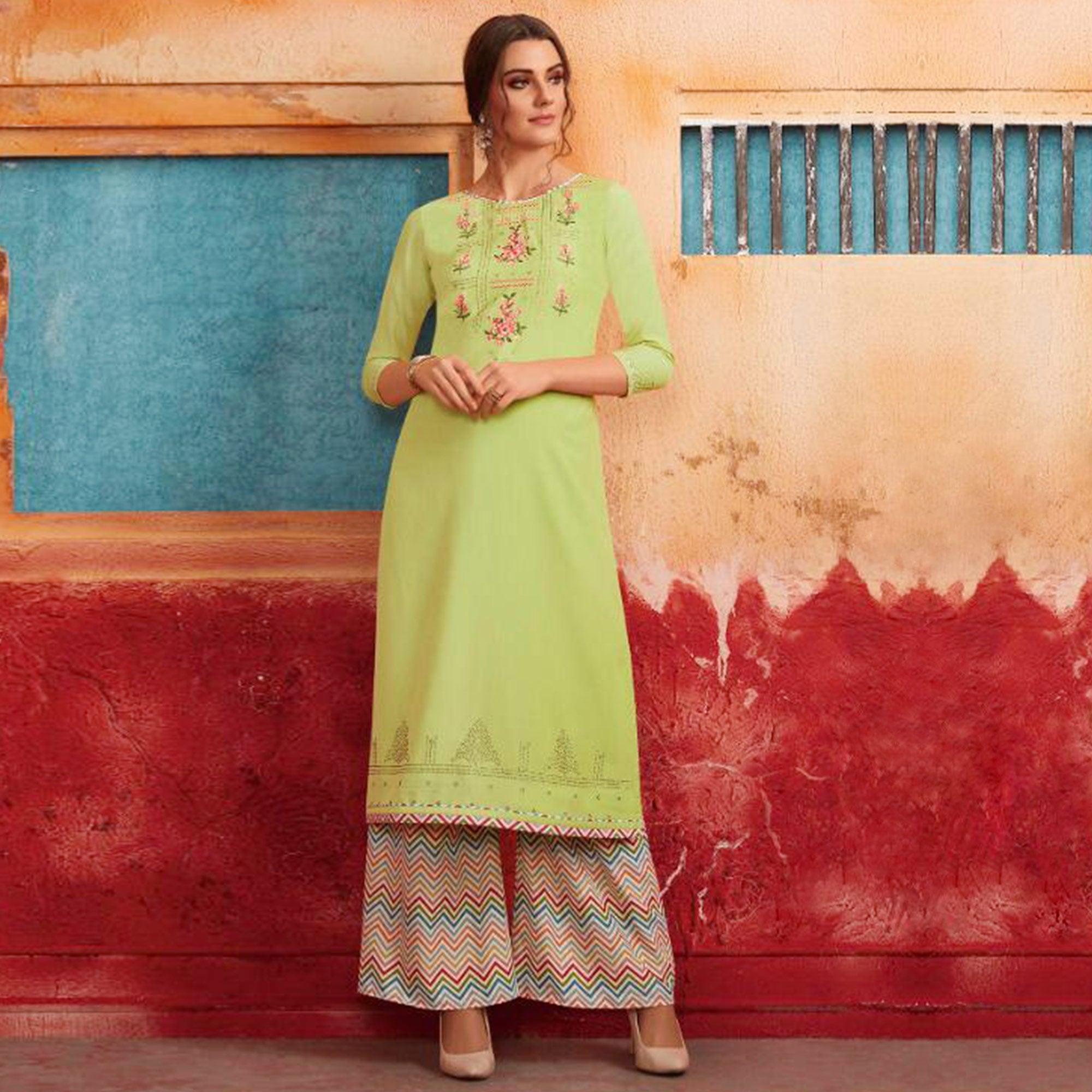 Breathtaking Bright Green Colored Partywear Embroidered Pure Muslin-Silk Kurti-Palazzo Set - Peachmode