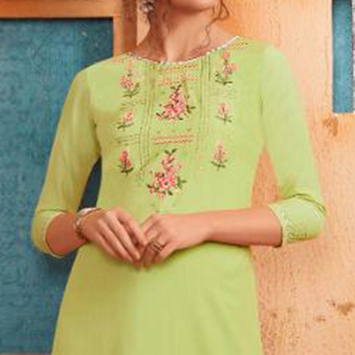 Breathtaking Bright Green Colored Partywear Embroidered Pure Muslin-Silk Kurti-Palazzo Set - Peachmode