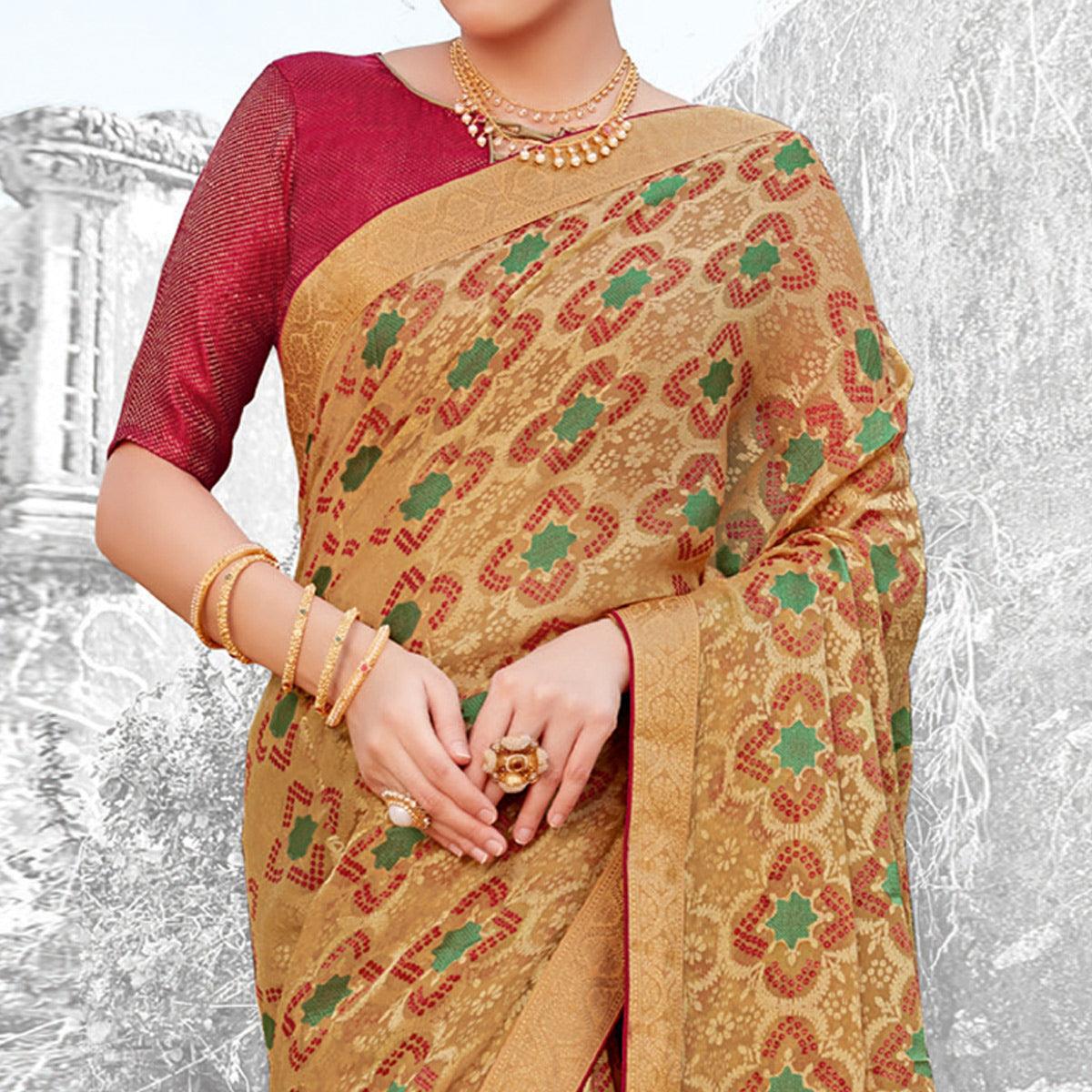 Breathtaking Chikoo Coloured Partywear Printed Brasso Saree - Peachmode