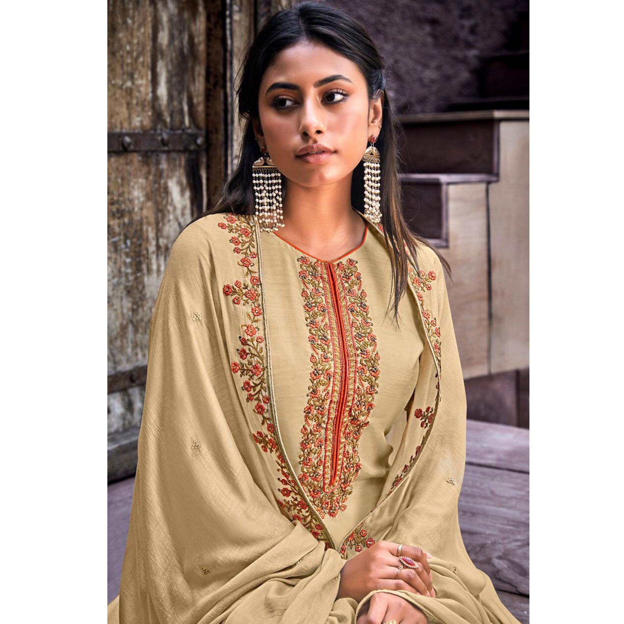 Breathtaking Cream Colored Embroidered Handwork Party Wear Cotton Silk Suit - Peachmode