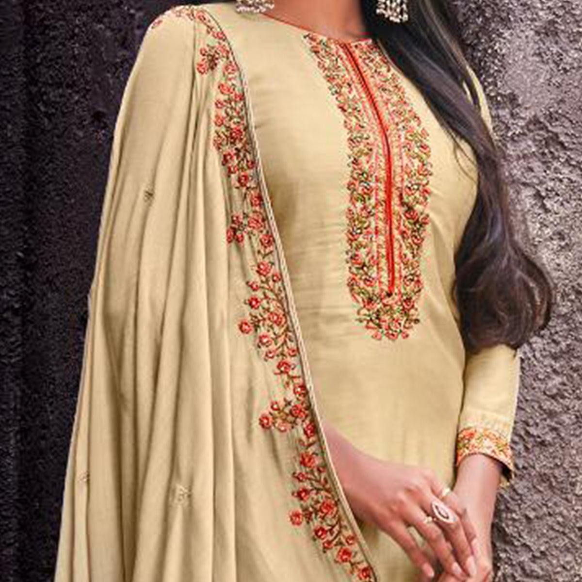 Breathtaking Cream Colored Embroidered Handwork Party Wear Cotton Silk Suit - Peachmode